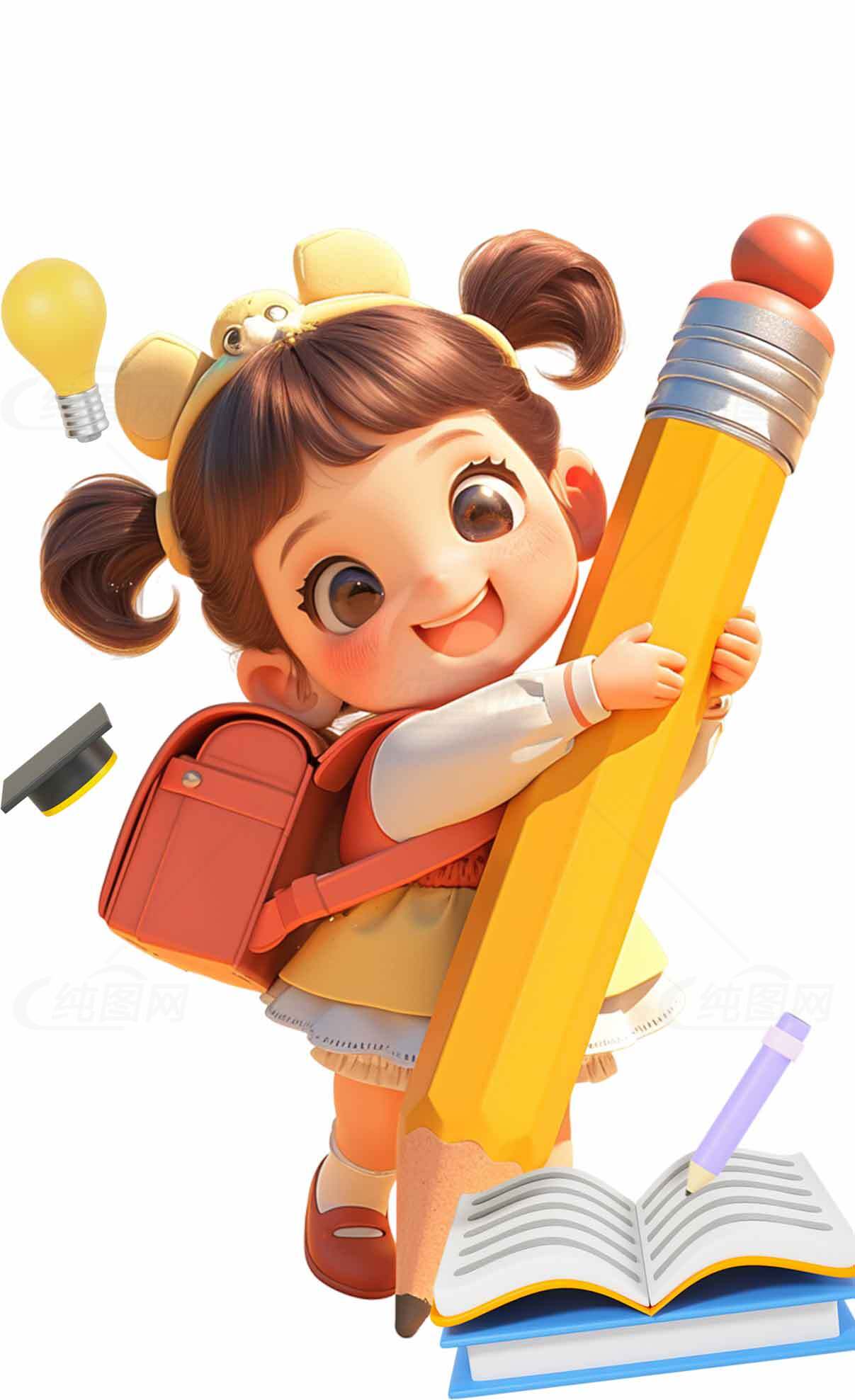 卡通女孩与学习工具插画设计素材