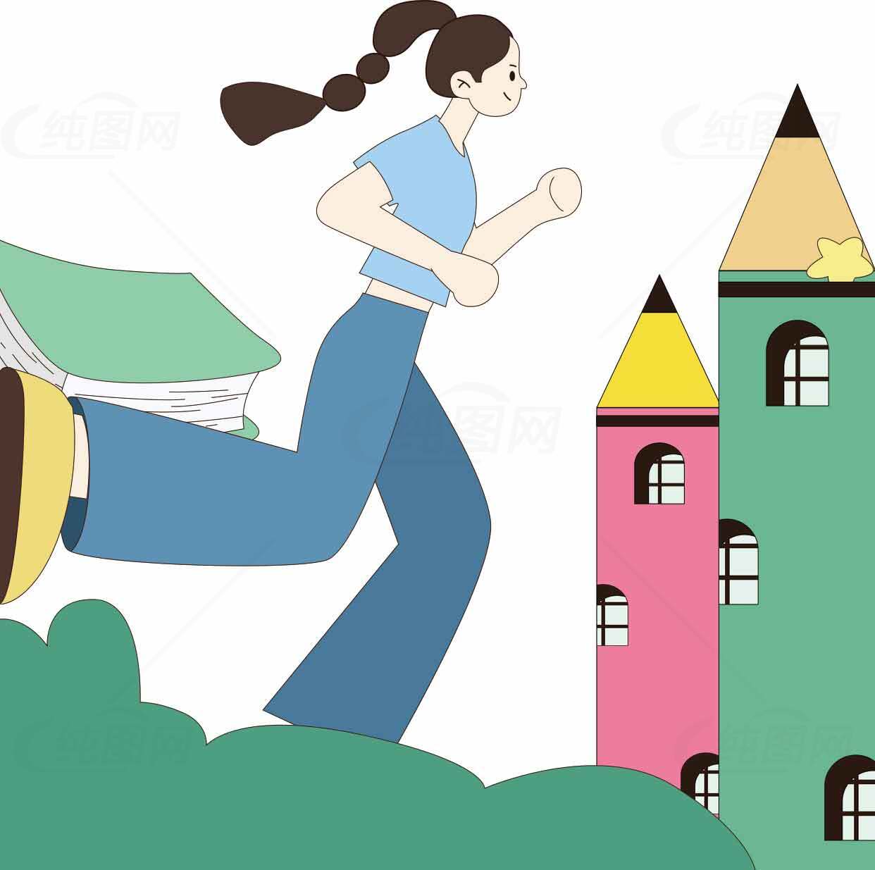 卡通风格女孩奔跑与城堡插画设计素材
