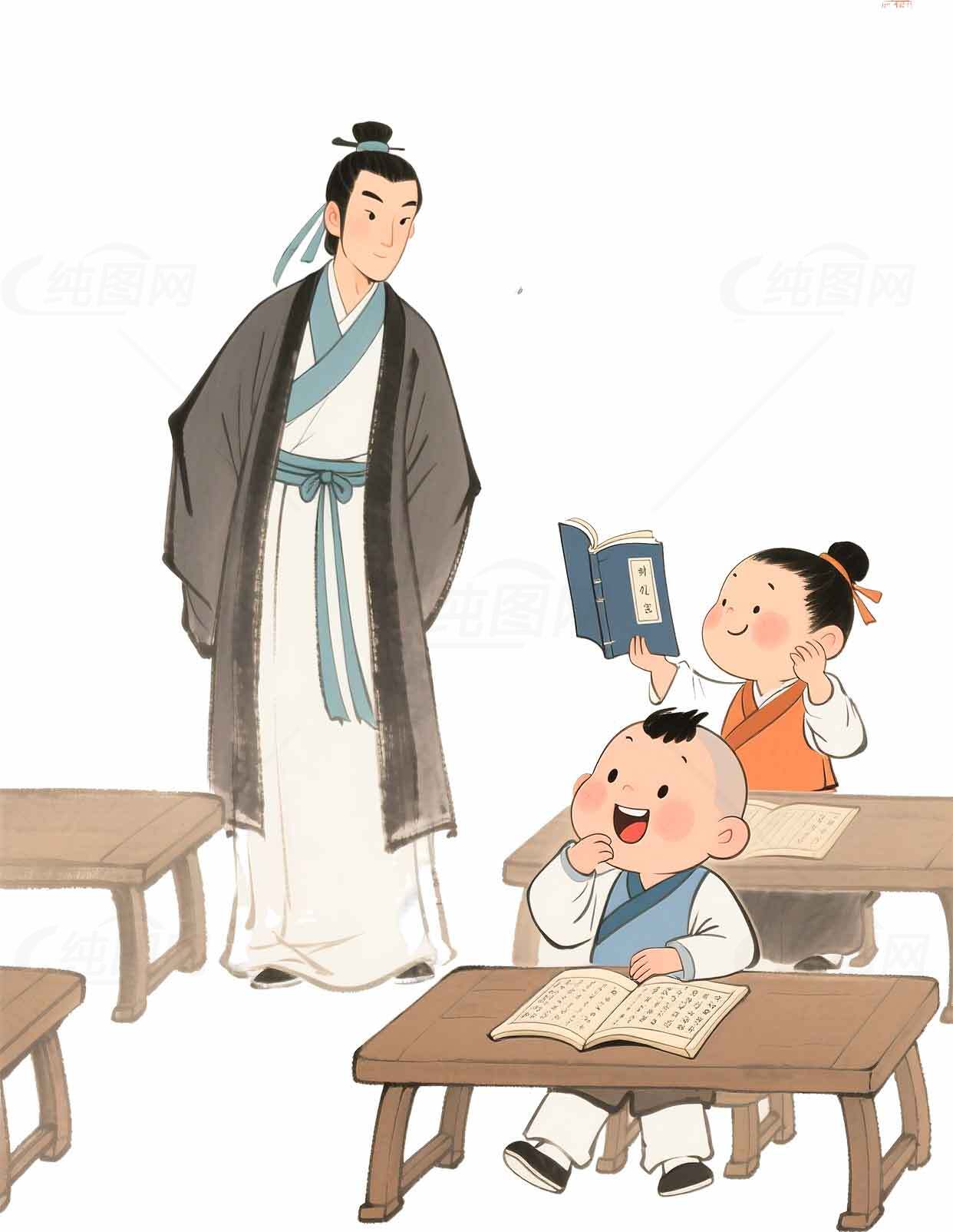 古代课堂场景插画：传统教育与文化传承素材