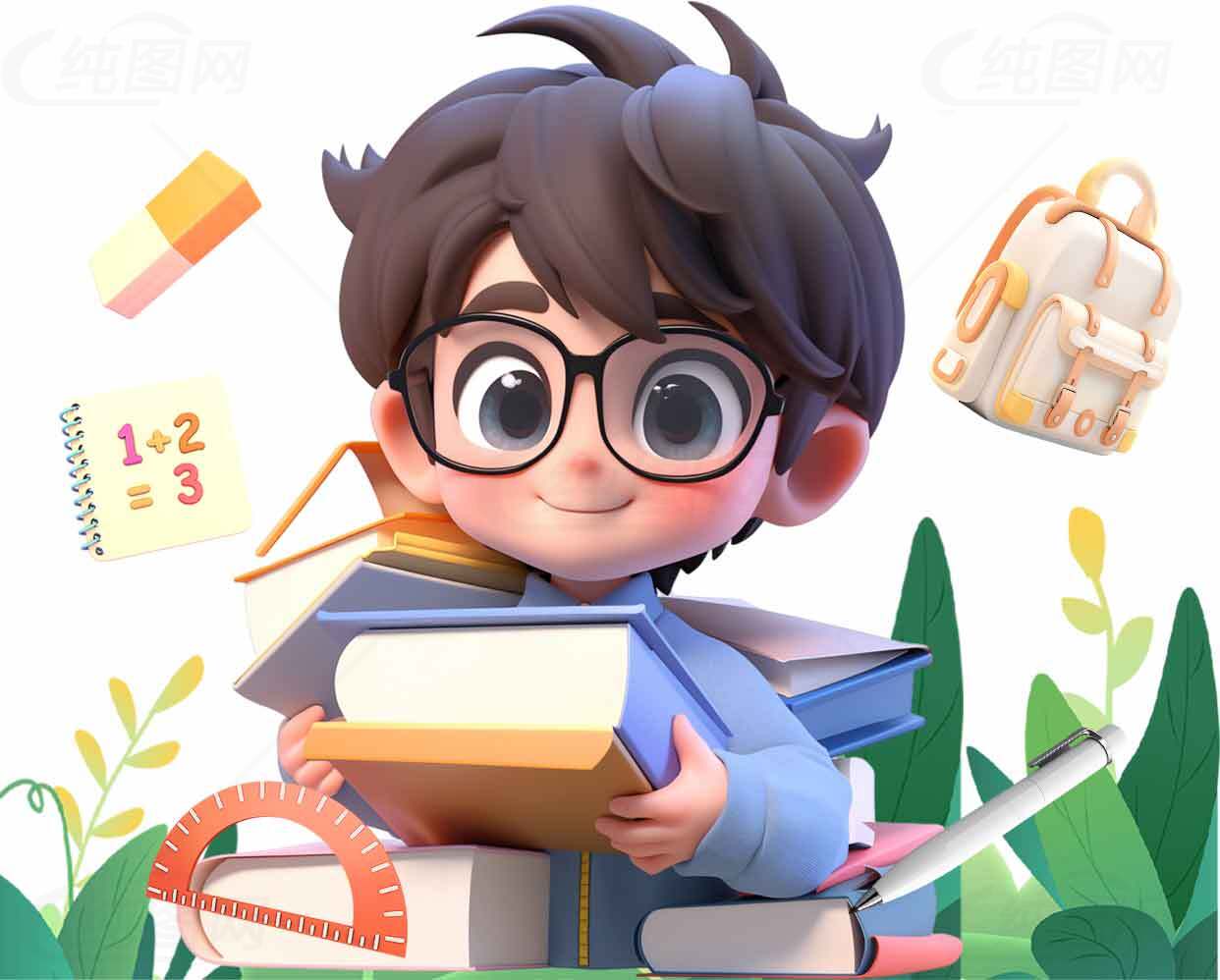 卡通学习场景插画：书本与文具的创意设计素材