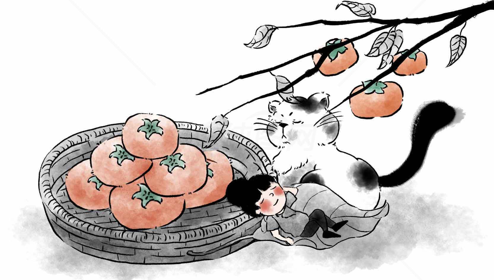 秋日柿子与猫的温馨插画素材