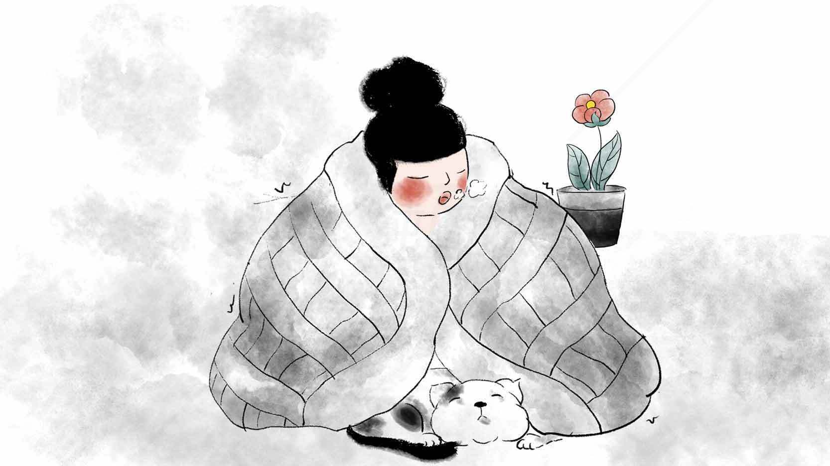 温暖冬日插画：女孩与宠物的治愈时光素材