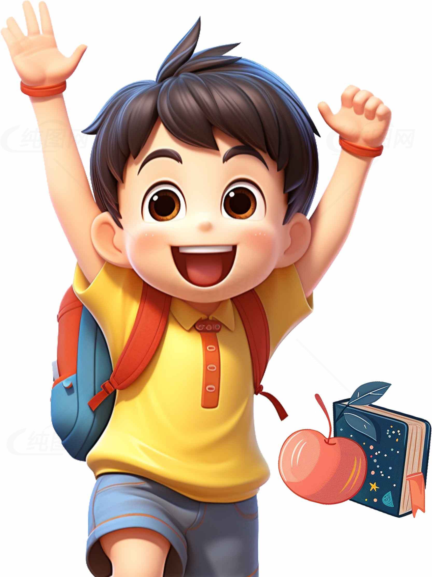 快乐儿童卡通插画：书包与苹果的学习主题素材