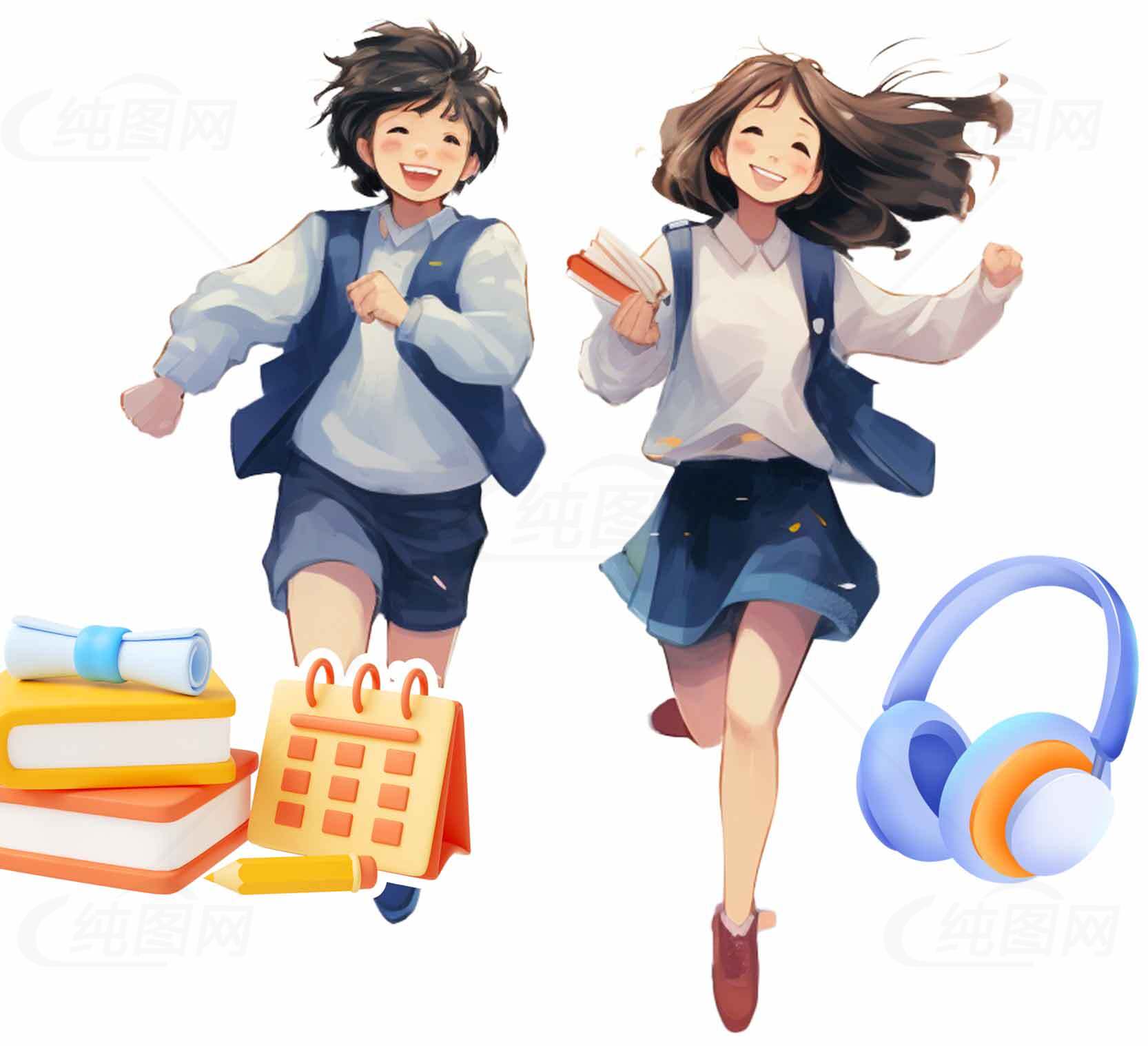 青春校园生活插画：学生奔跑与学习用品素材