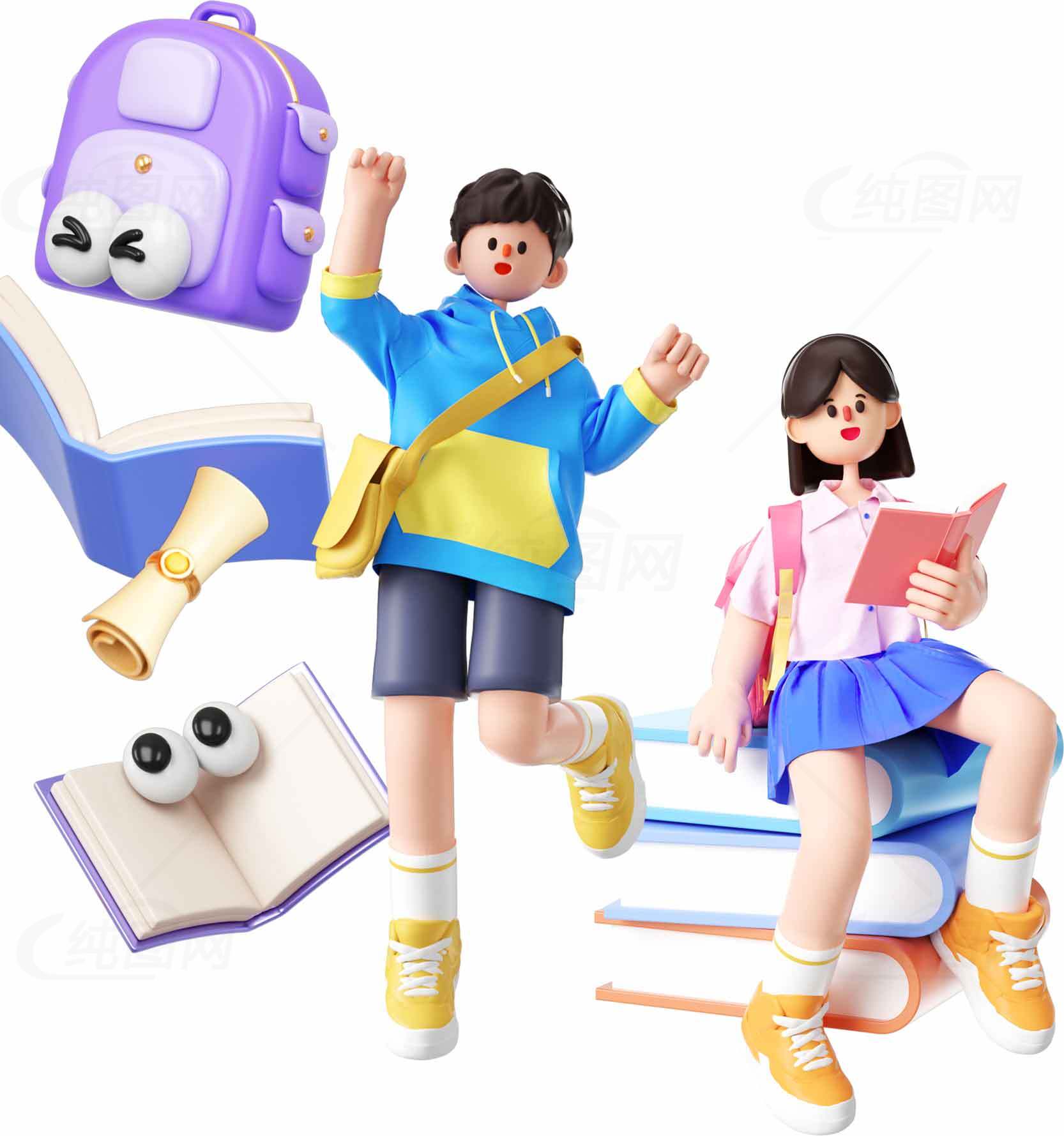 卡通风格学生学习场景图片素材