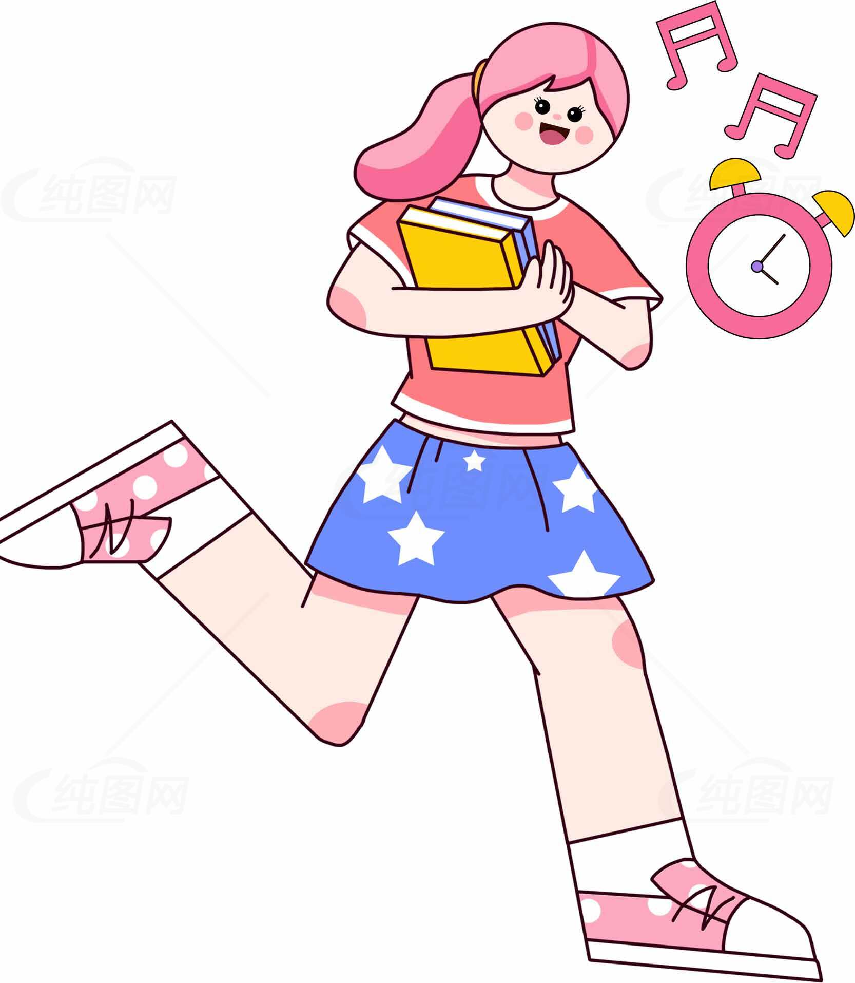 卡通女孩奔跑学习场景插画素材