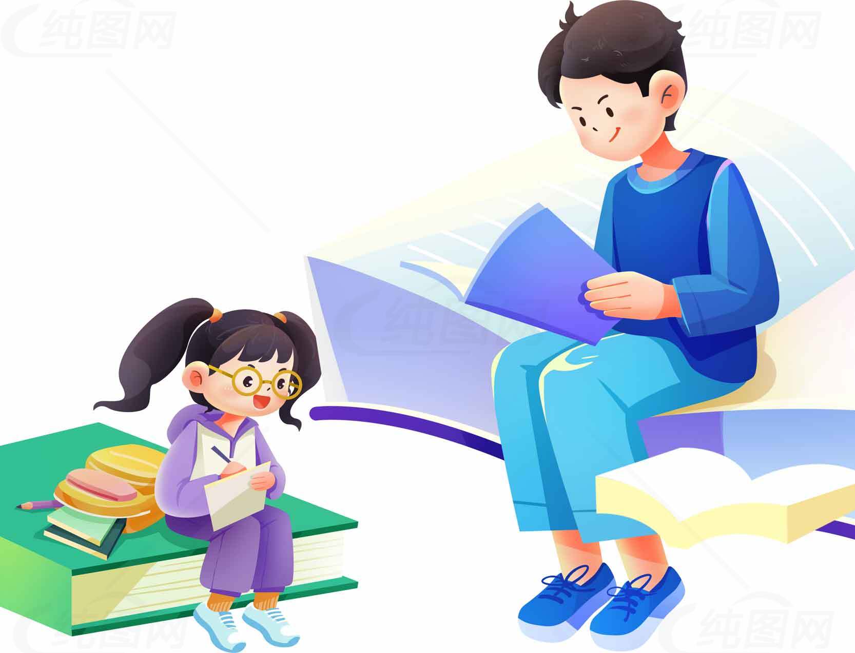 亲子阅读插画：父母与孩子共度学习时光素材