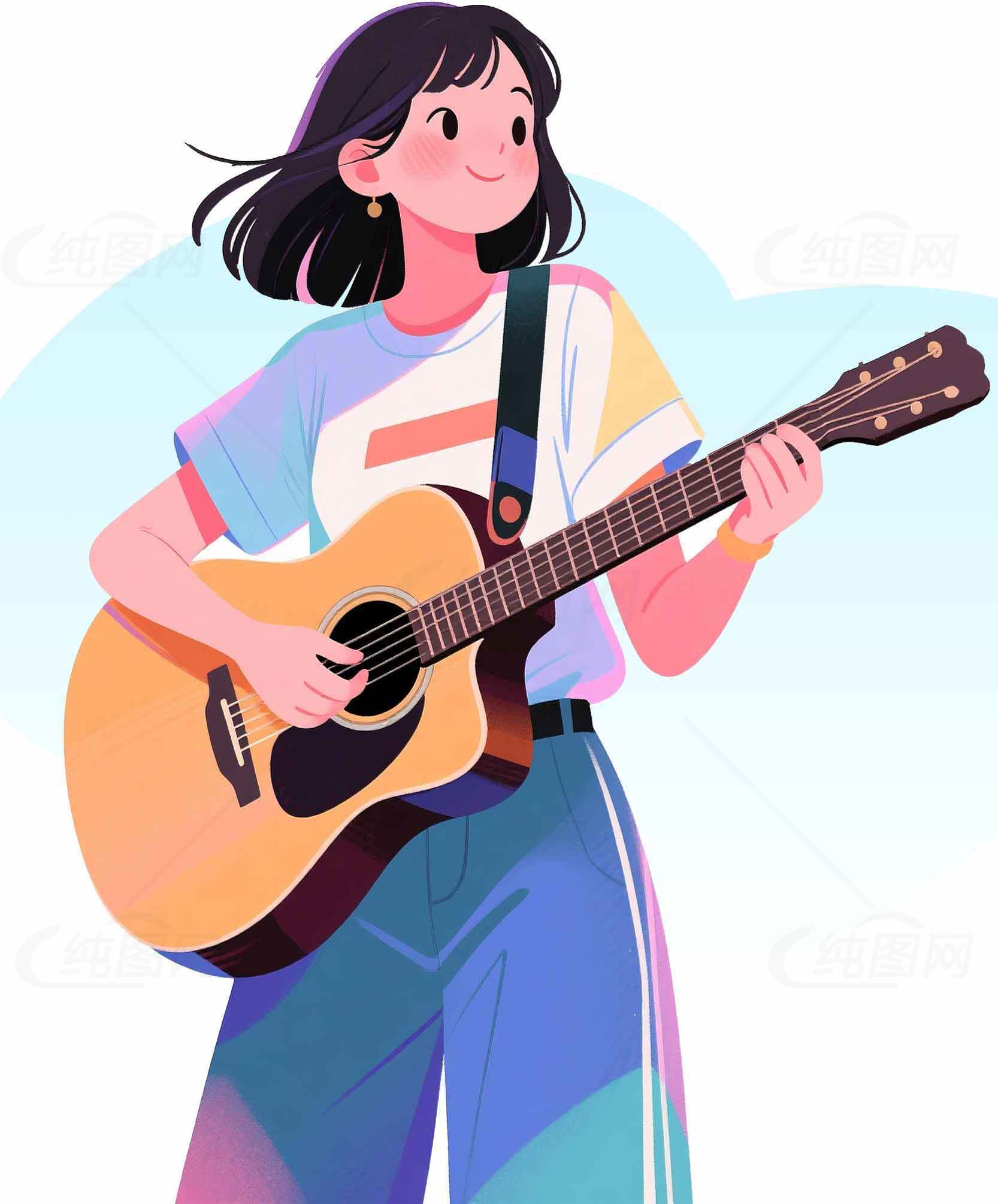 插画风格女孩弹吉他图片素材