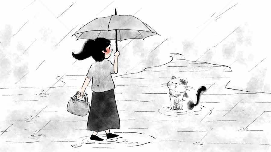 雨中邂逅：女孩与猫的温馨插画素材
