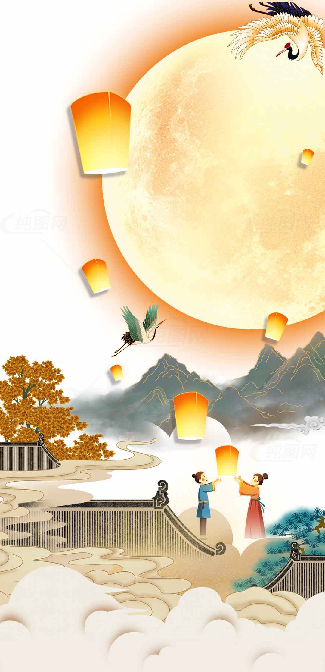 中秋节传统灯笼与月亮意境插画素材
