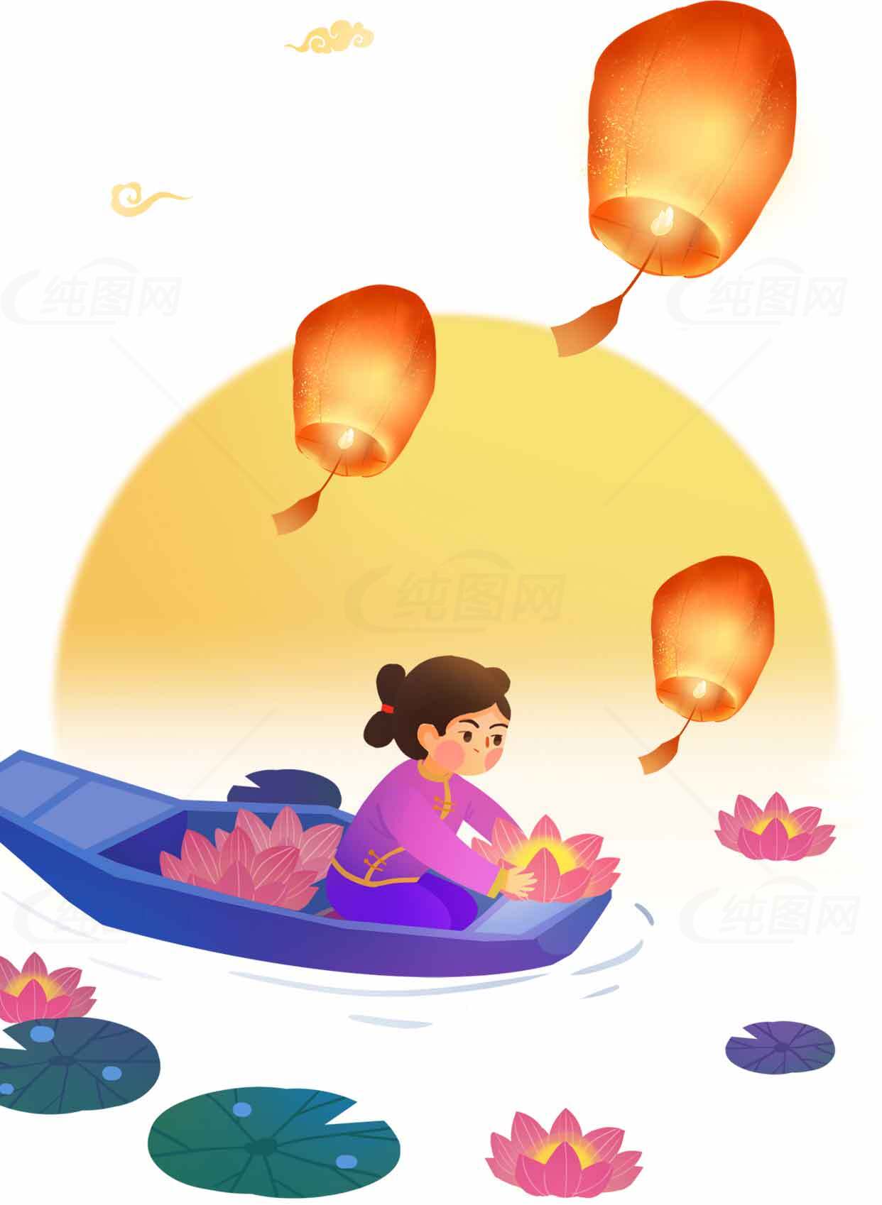 放河灯的唯美插画场景素材
