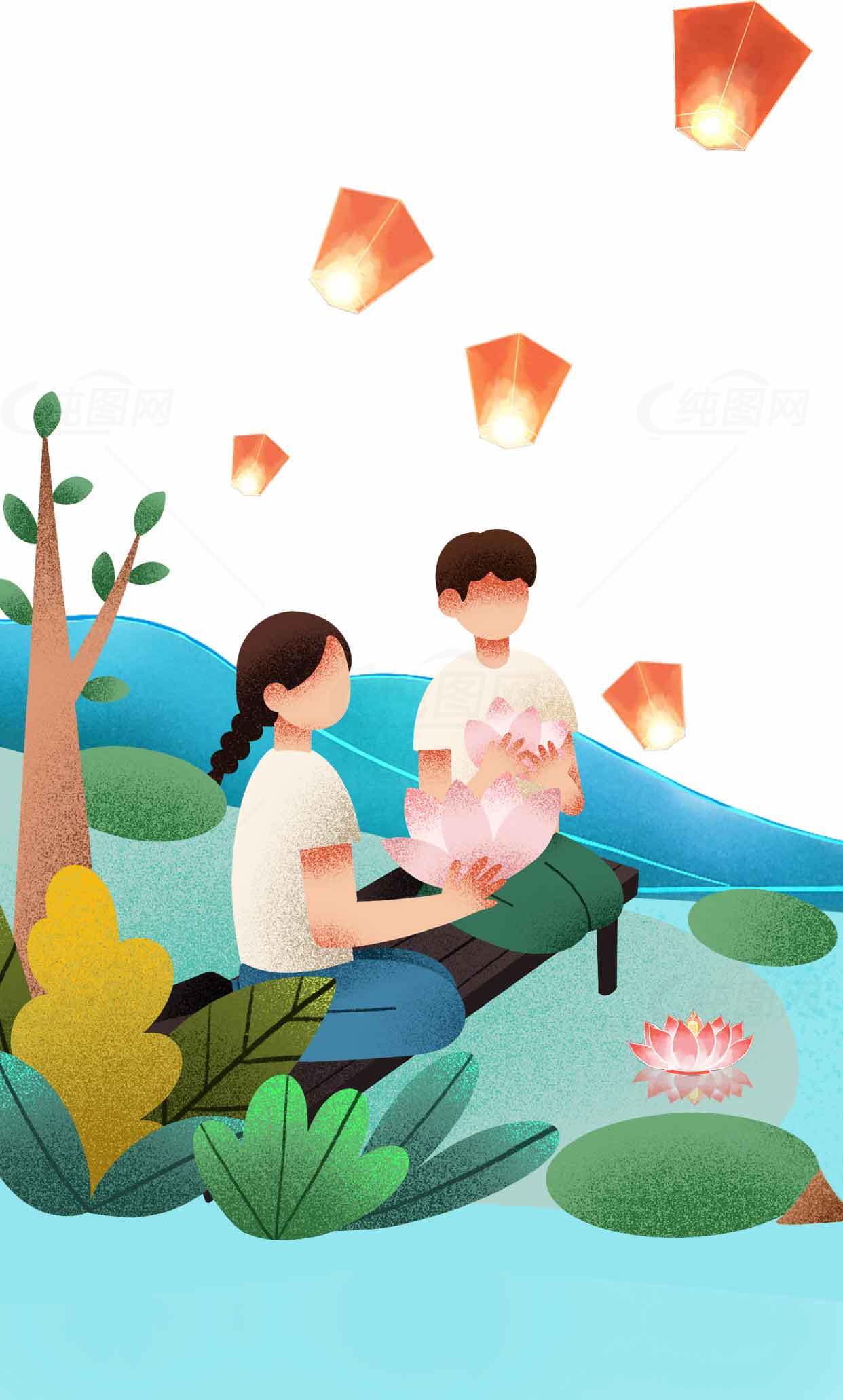 浪漫河畔放天灯插画场景素材