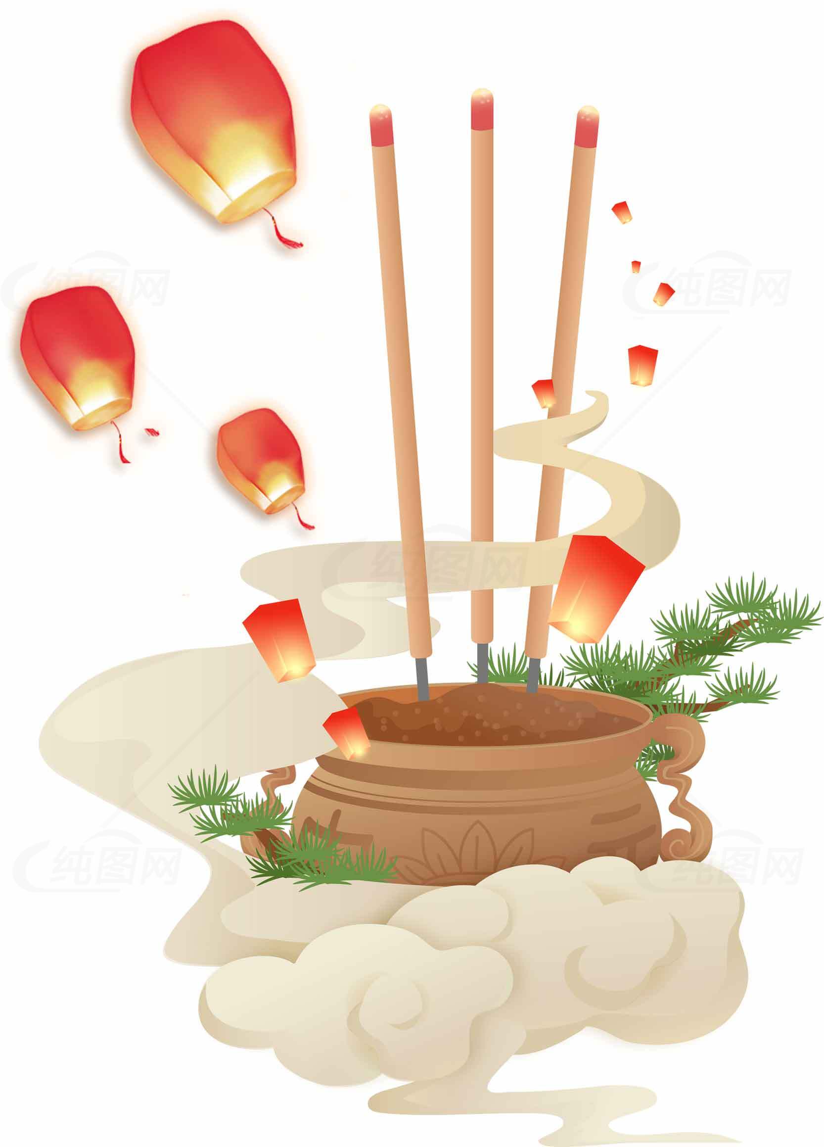 传统祈福场景插画：香炉与天灯素材