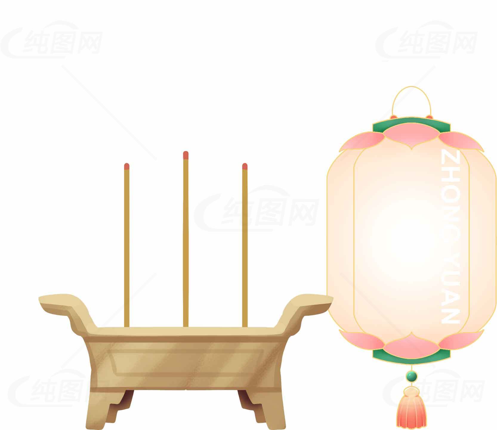 中式传统香炉与灯笼插画设计素材