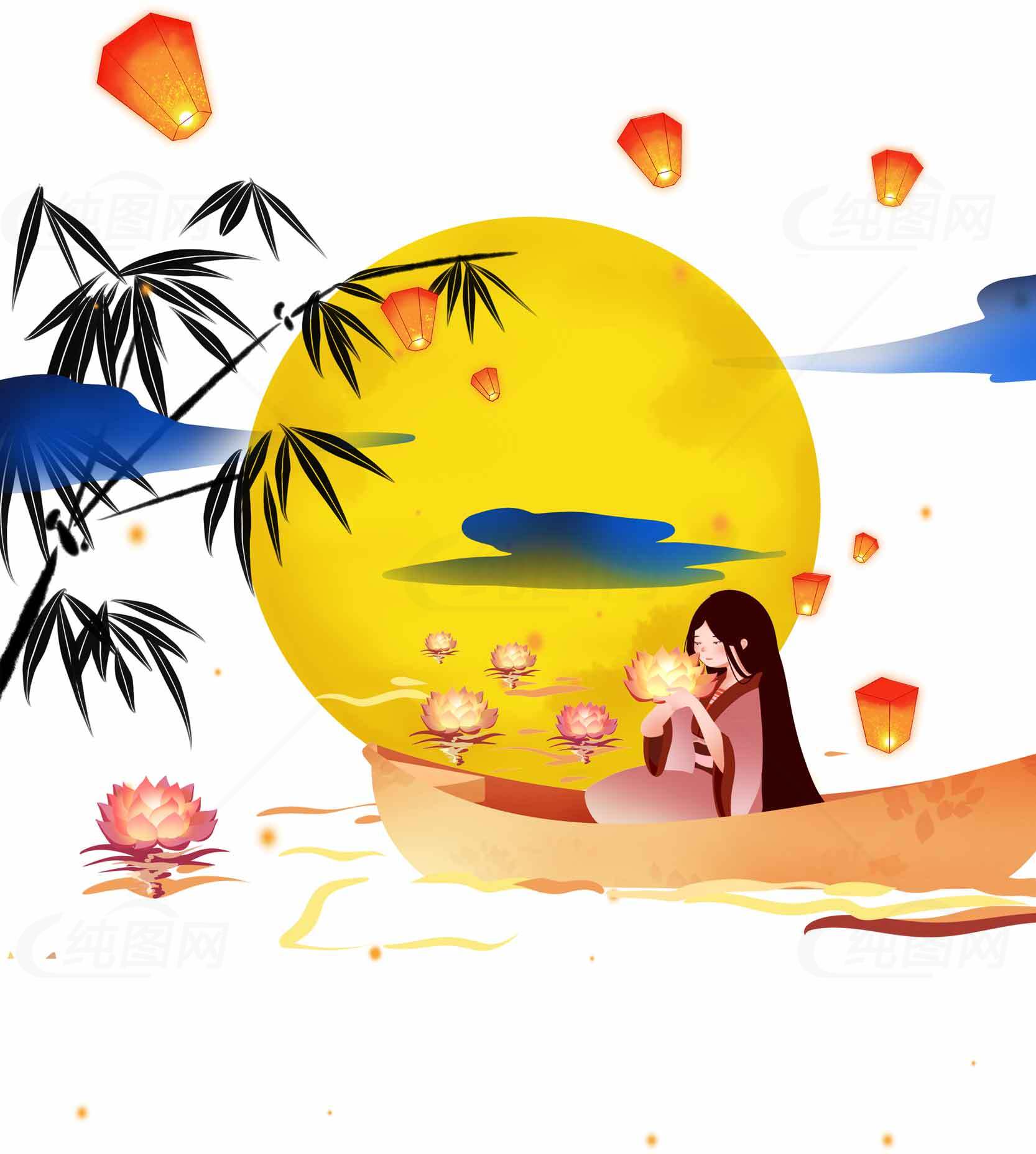 中秋节水上灯会唯美插画素材