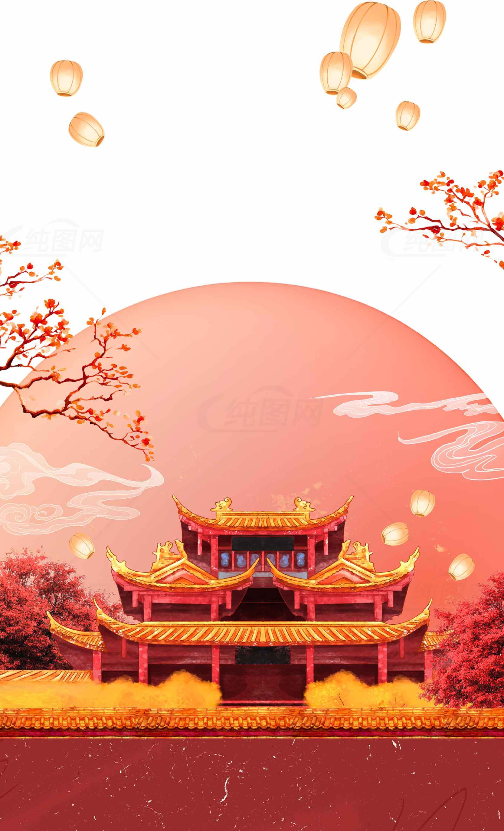 中国传统建筑与红色背景的唯美画面素材