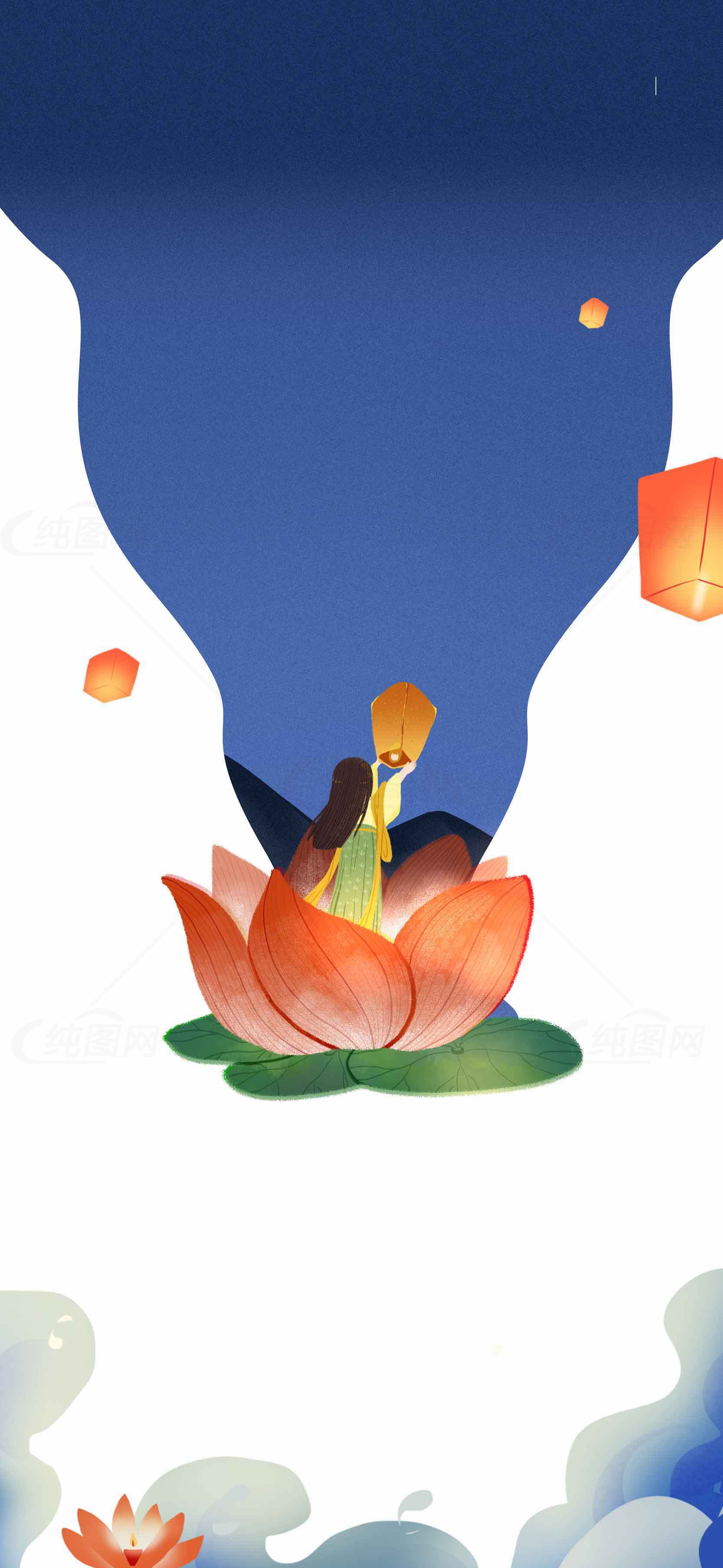 浪漫七夕灯会与荷花意境插画素材