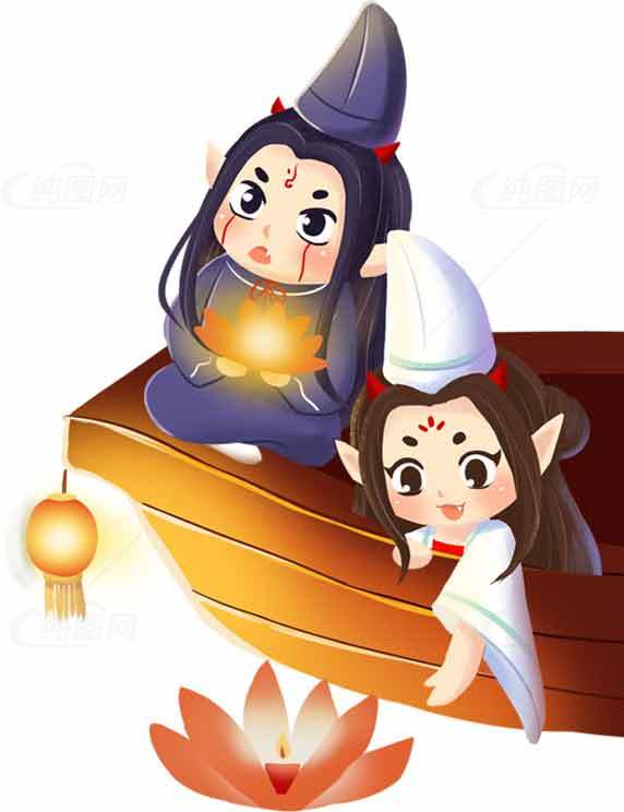 古风卡通人物放河灯场景插画素材