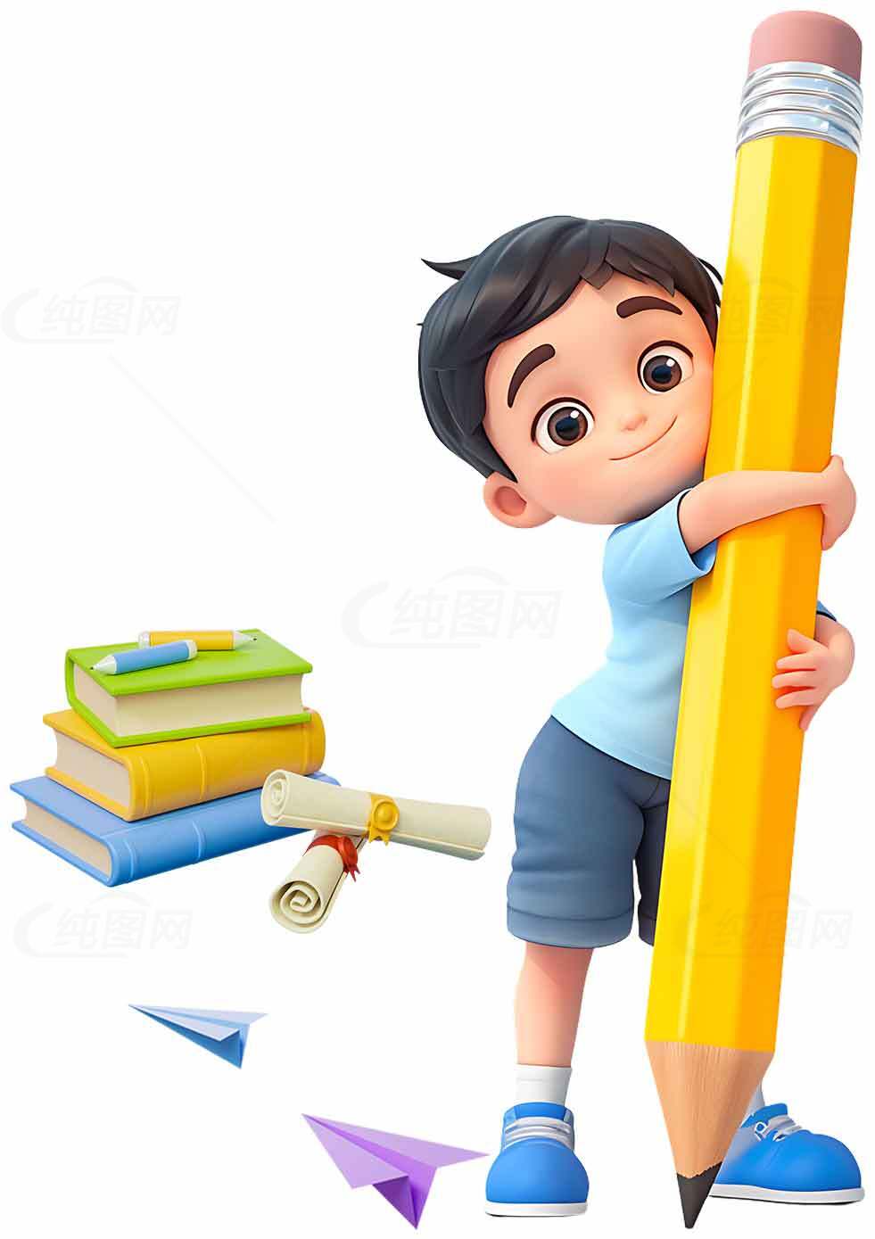 卡通学生与铅笔学习场景插画素材