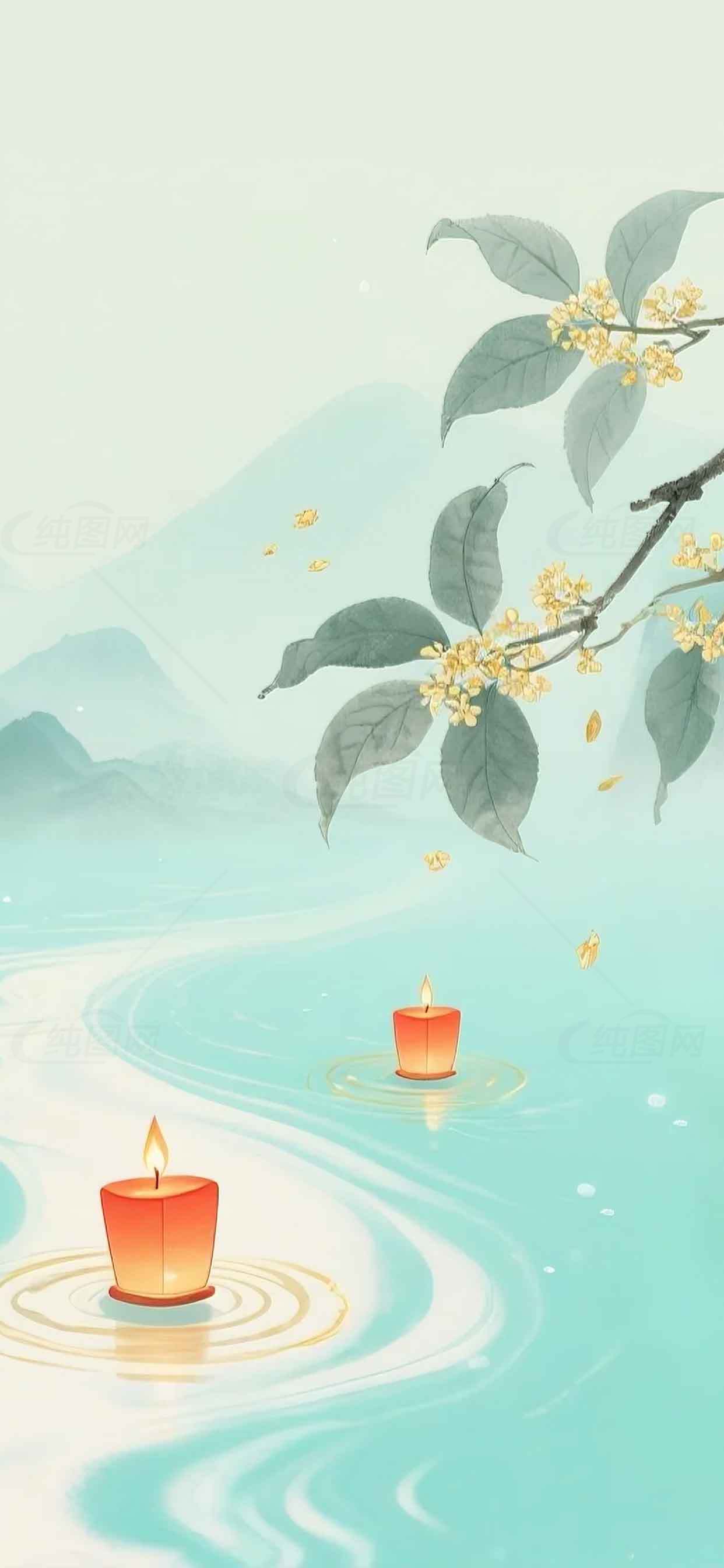 中秋节水灯与桂花意境插画素材