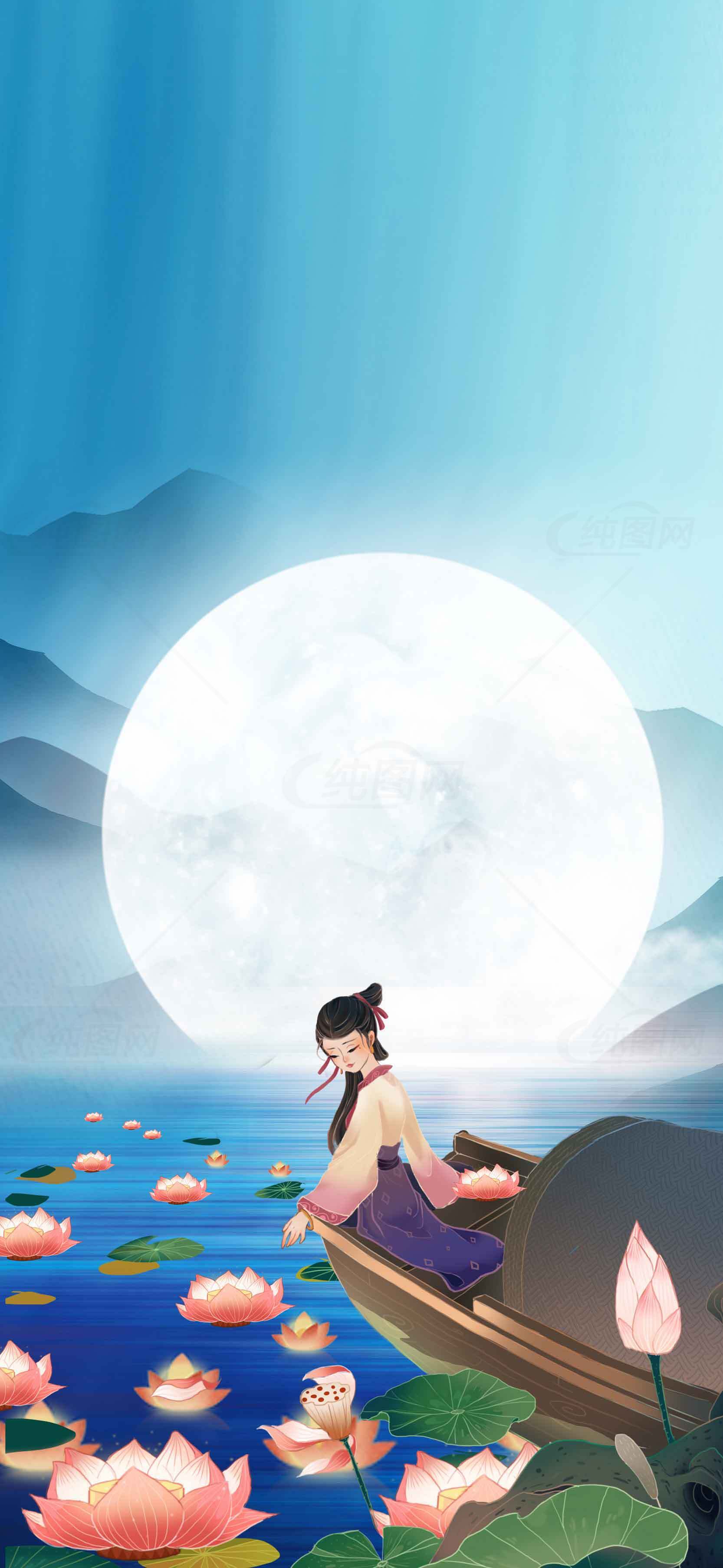 唯美古风月夜荷花意境插画素材