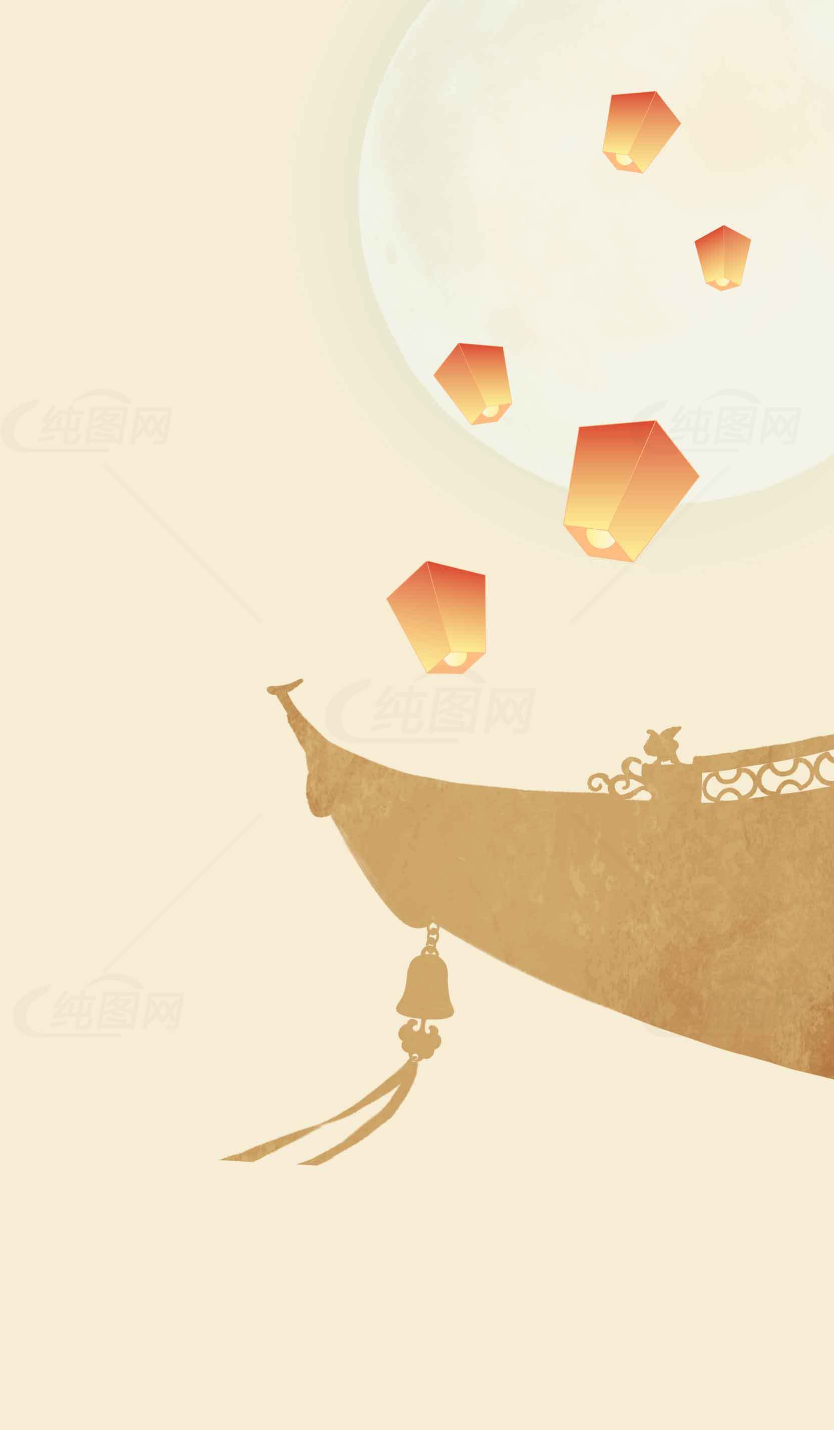中秋节月夜放灯船影插画素材