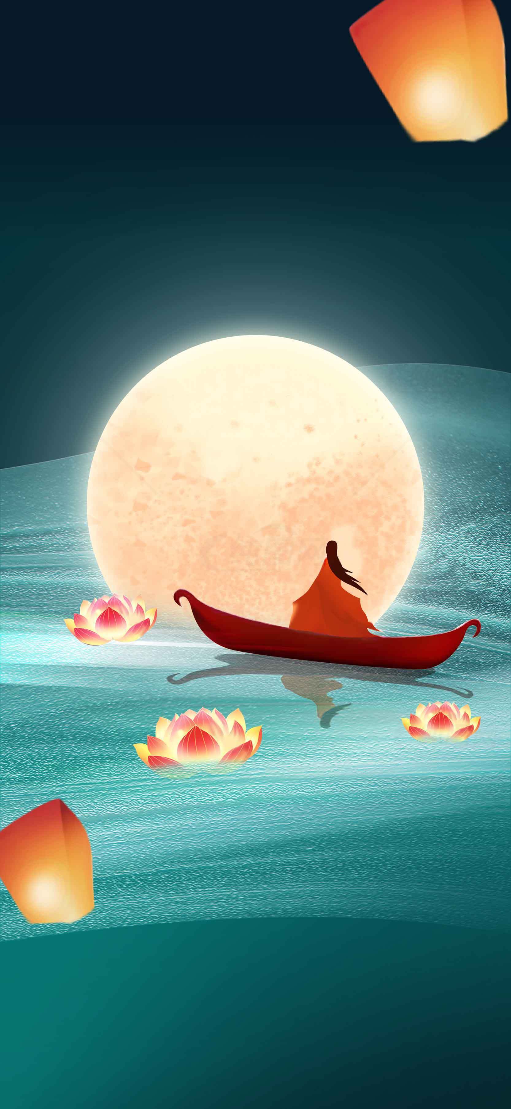 中秋节唯美月夜赏灯意境插画素材