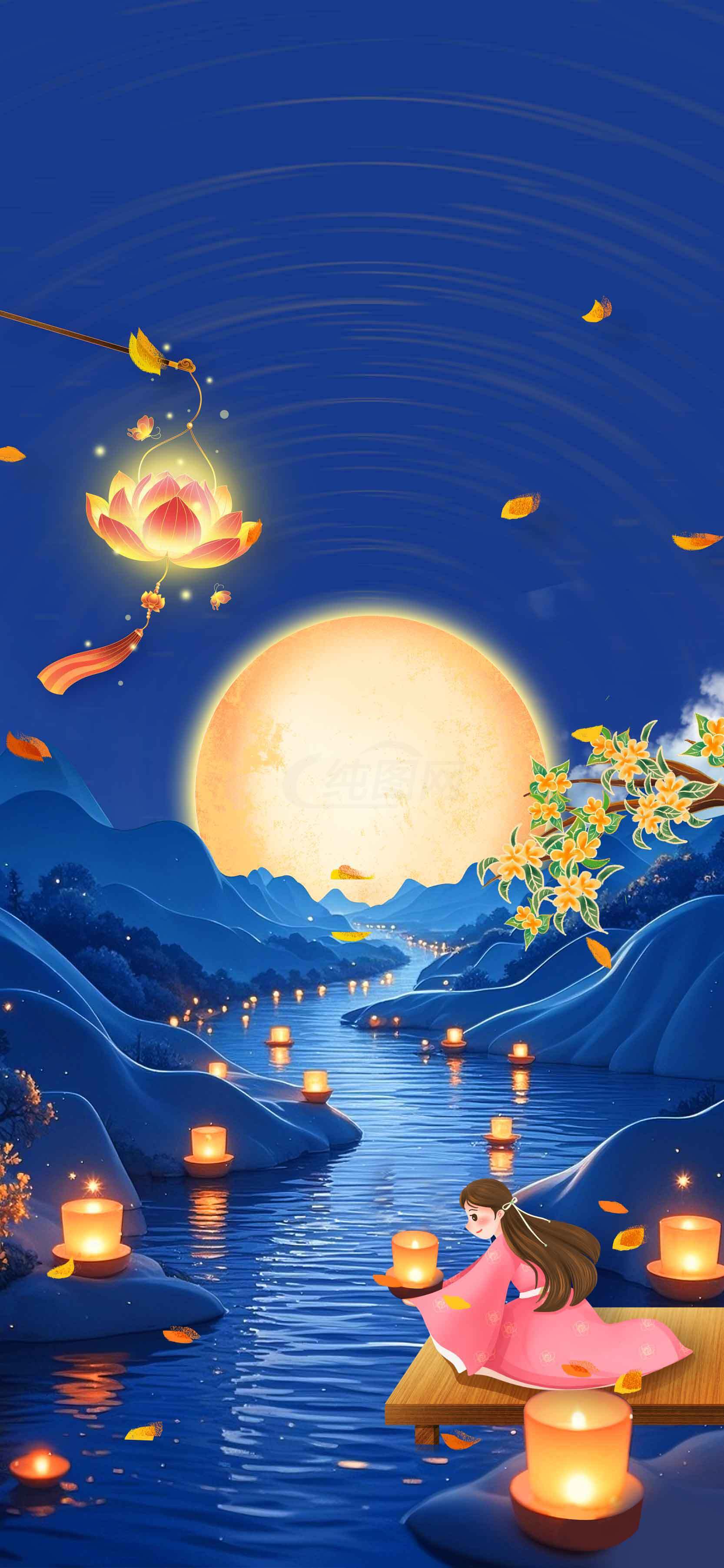中秋节夜晚河灯美景插画素材