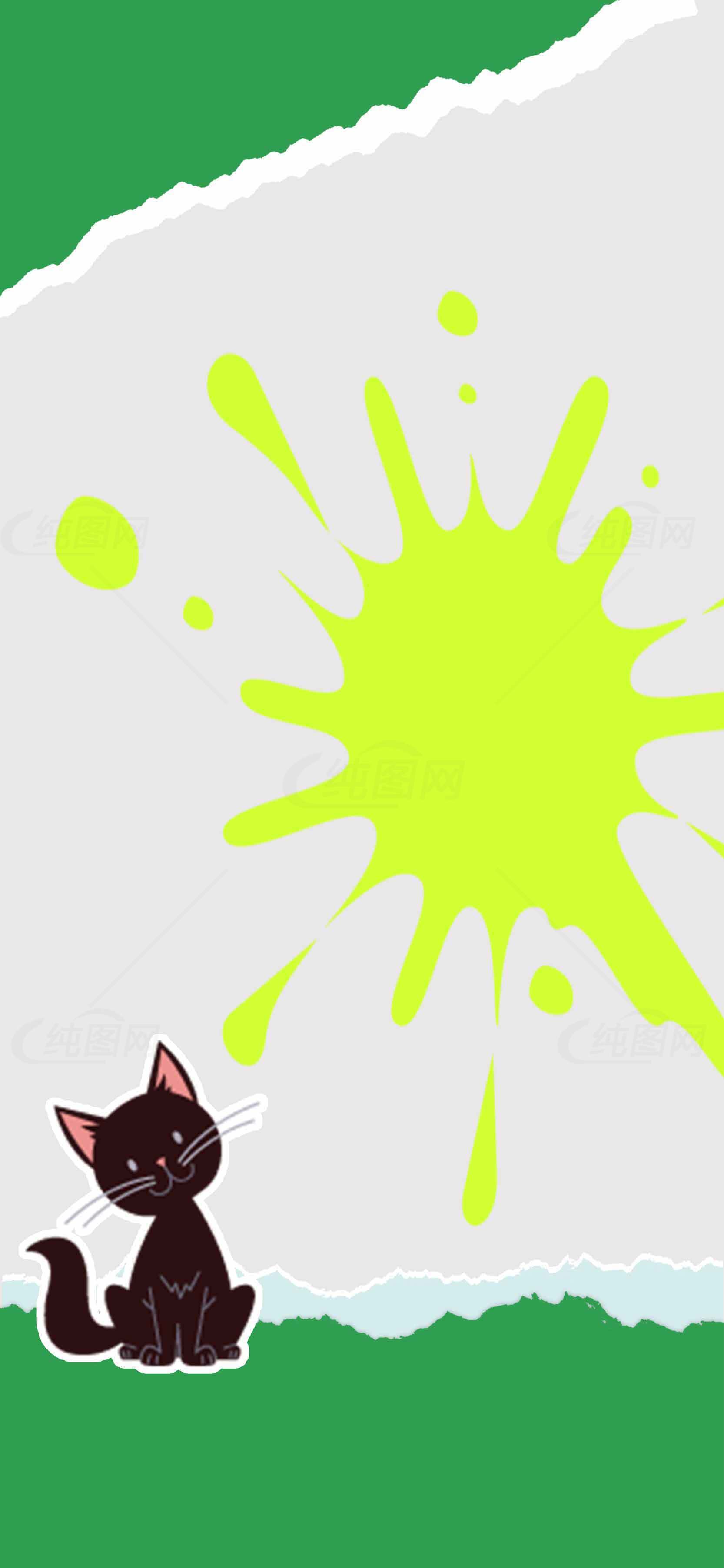 可爱黑猫与绿色背景创意插画素材