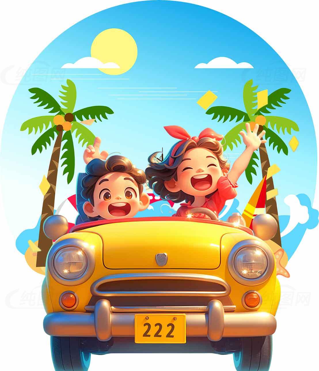 欢乐夏日自驾游插画设计素材
