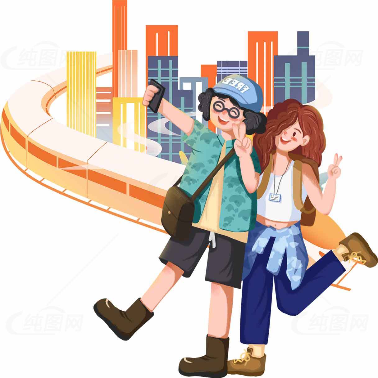 城市旅行情侣插画设计素材