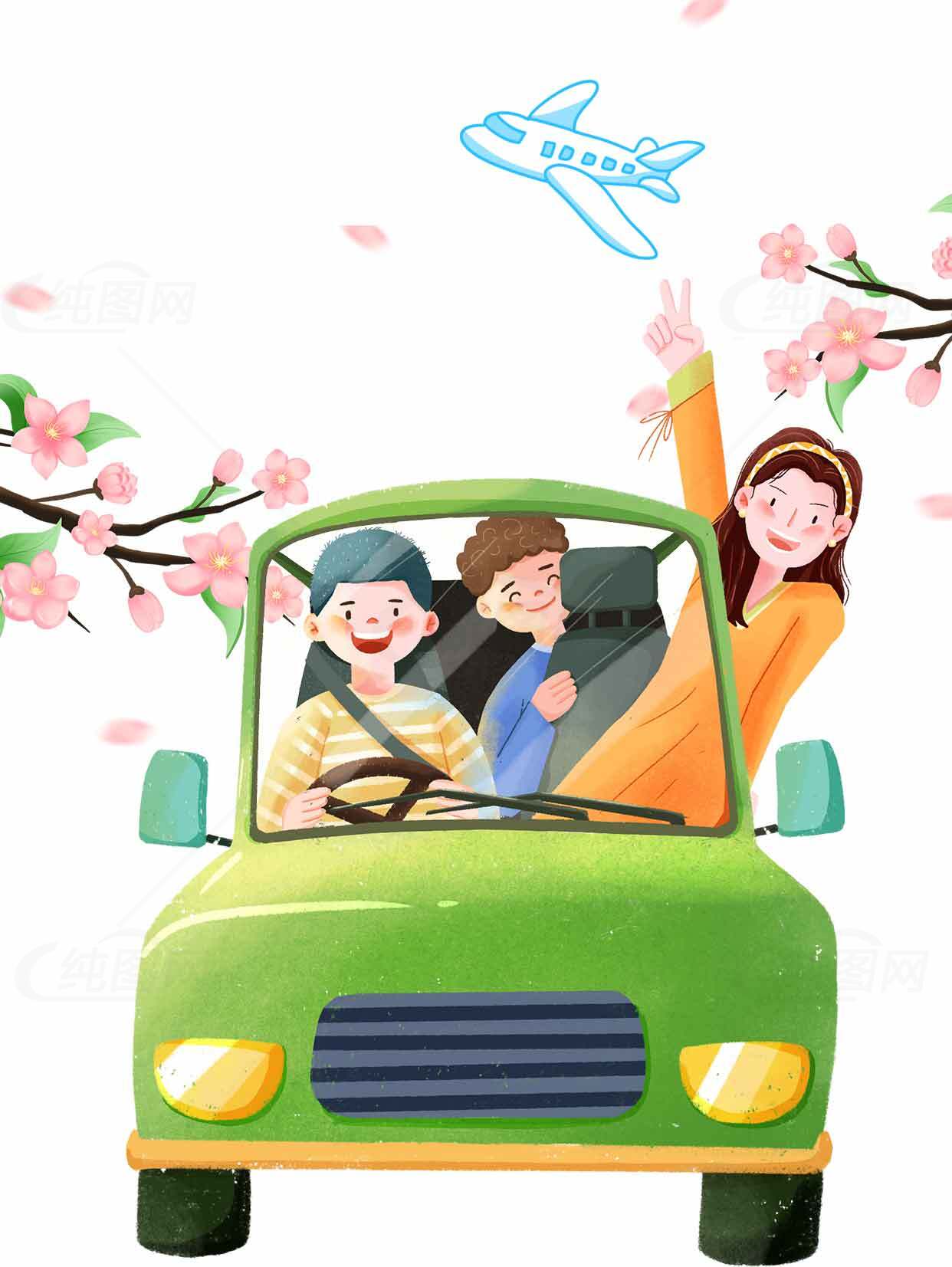 春日亲子自驾游插画设计素材