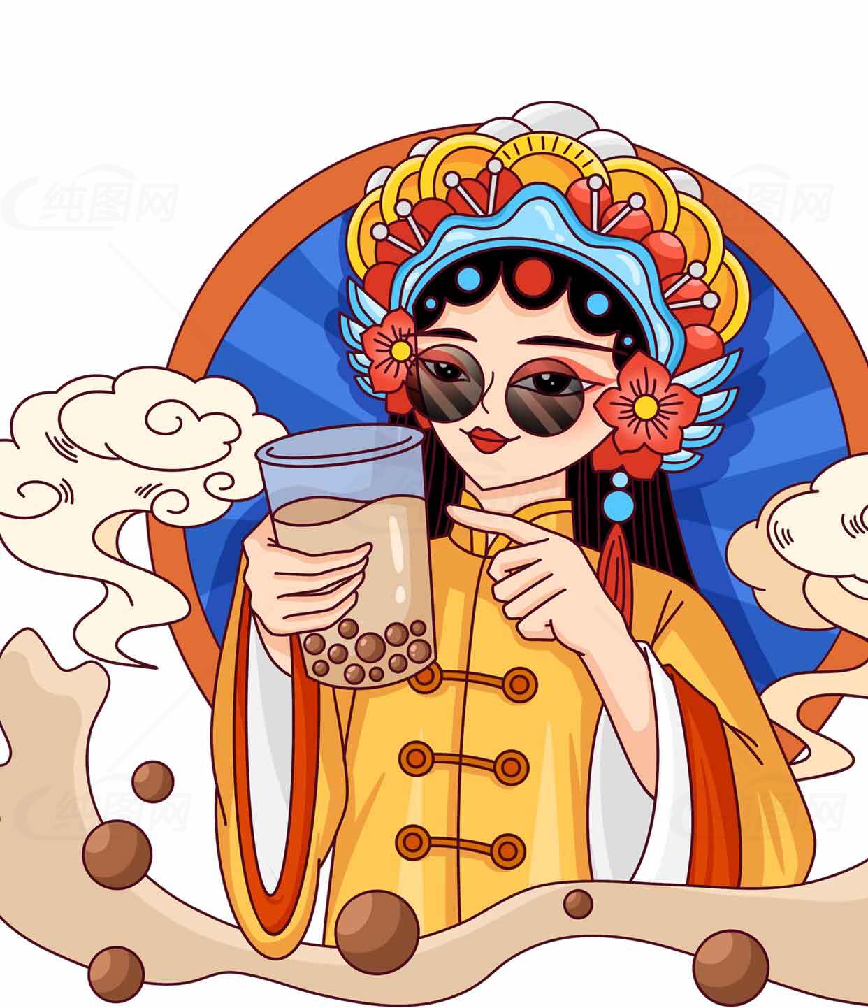 京剧风格与奶茶的创意结合插画素材