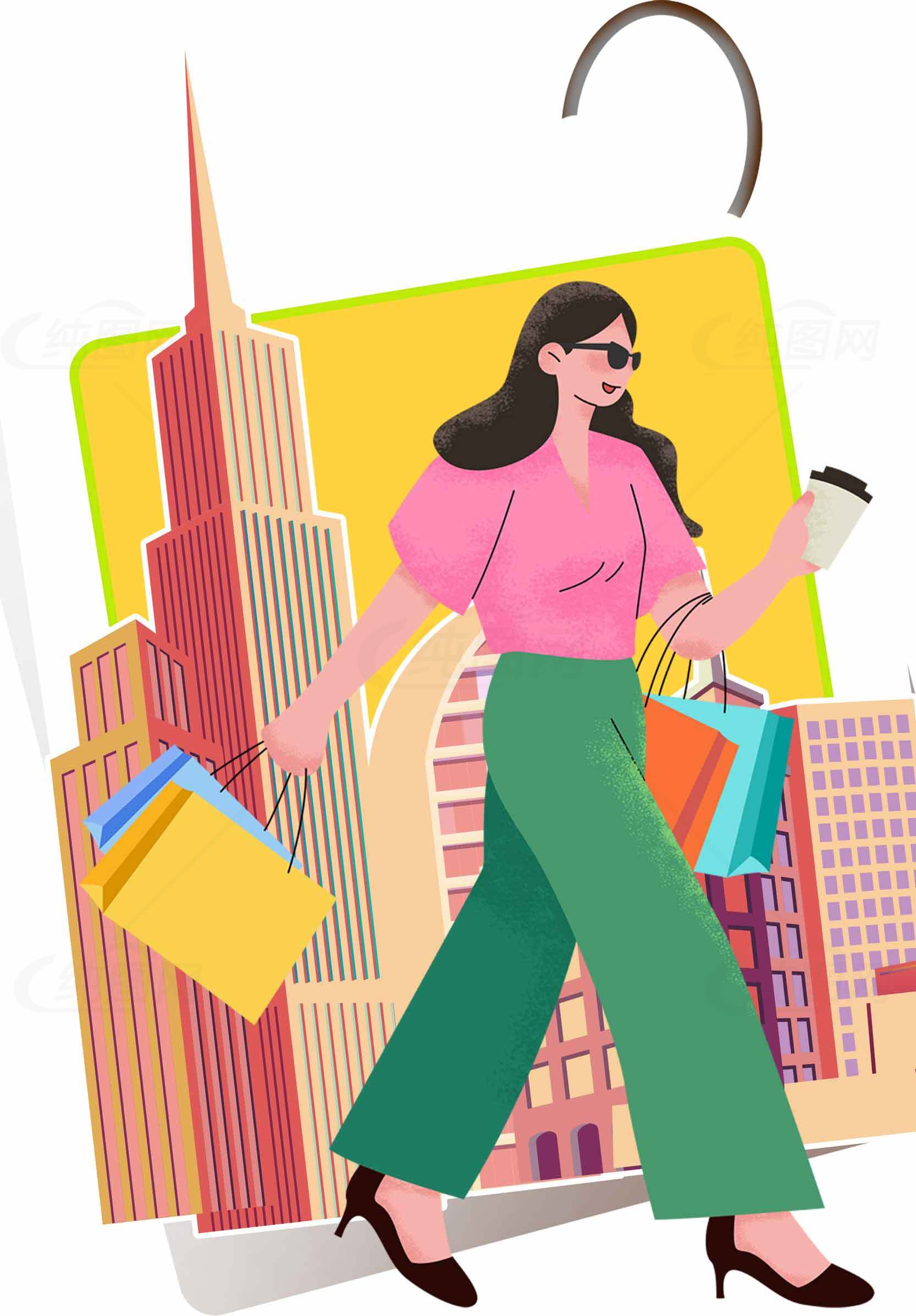 都市女性购物插画：时尚与活力的完美结合素材