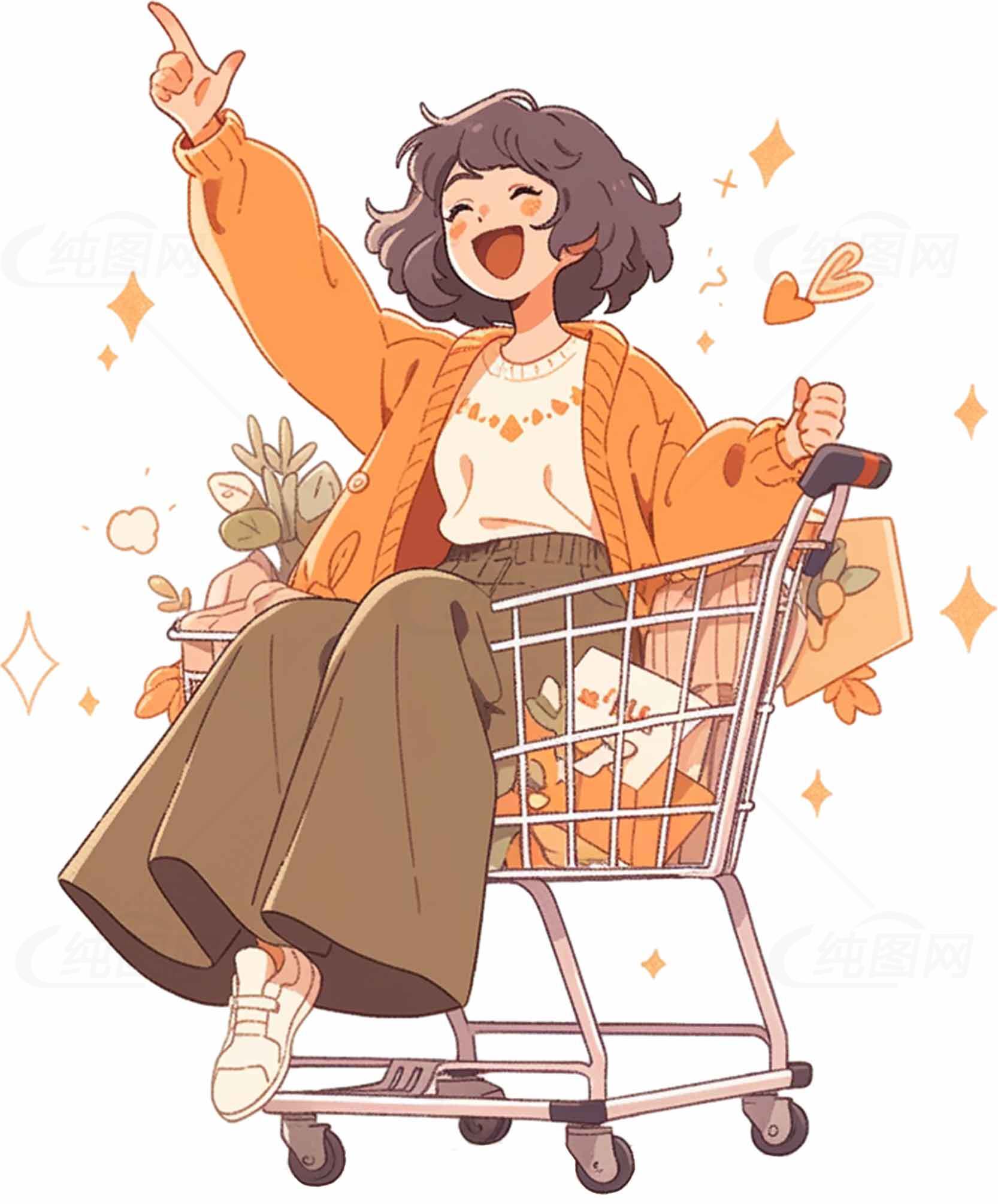 购物车里的快乐女孩插画 | 可爱卡通风格设计素材
