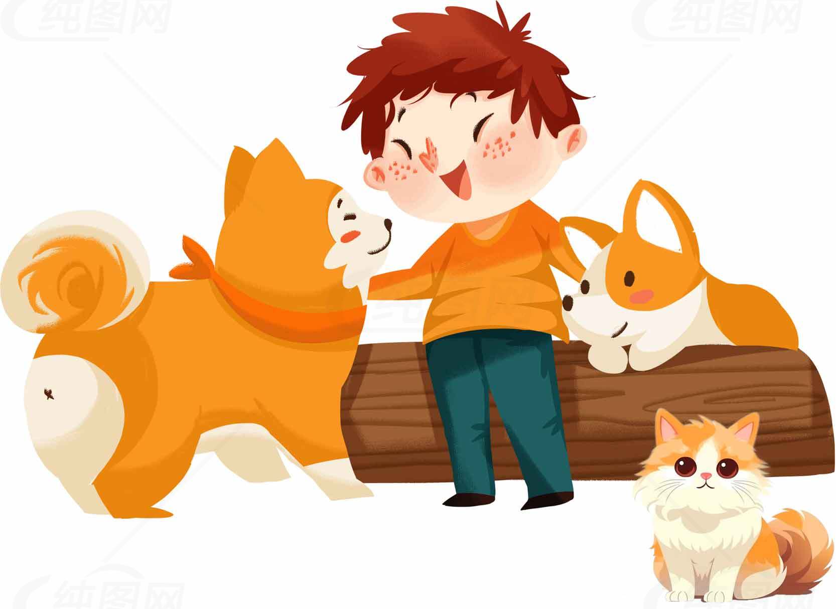 可爱宠物与孩子互动插画素材