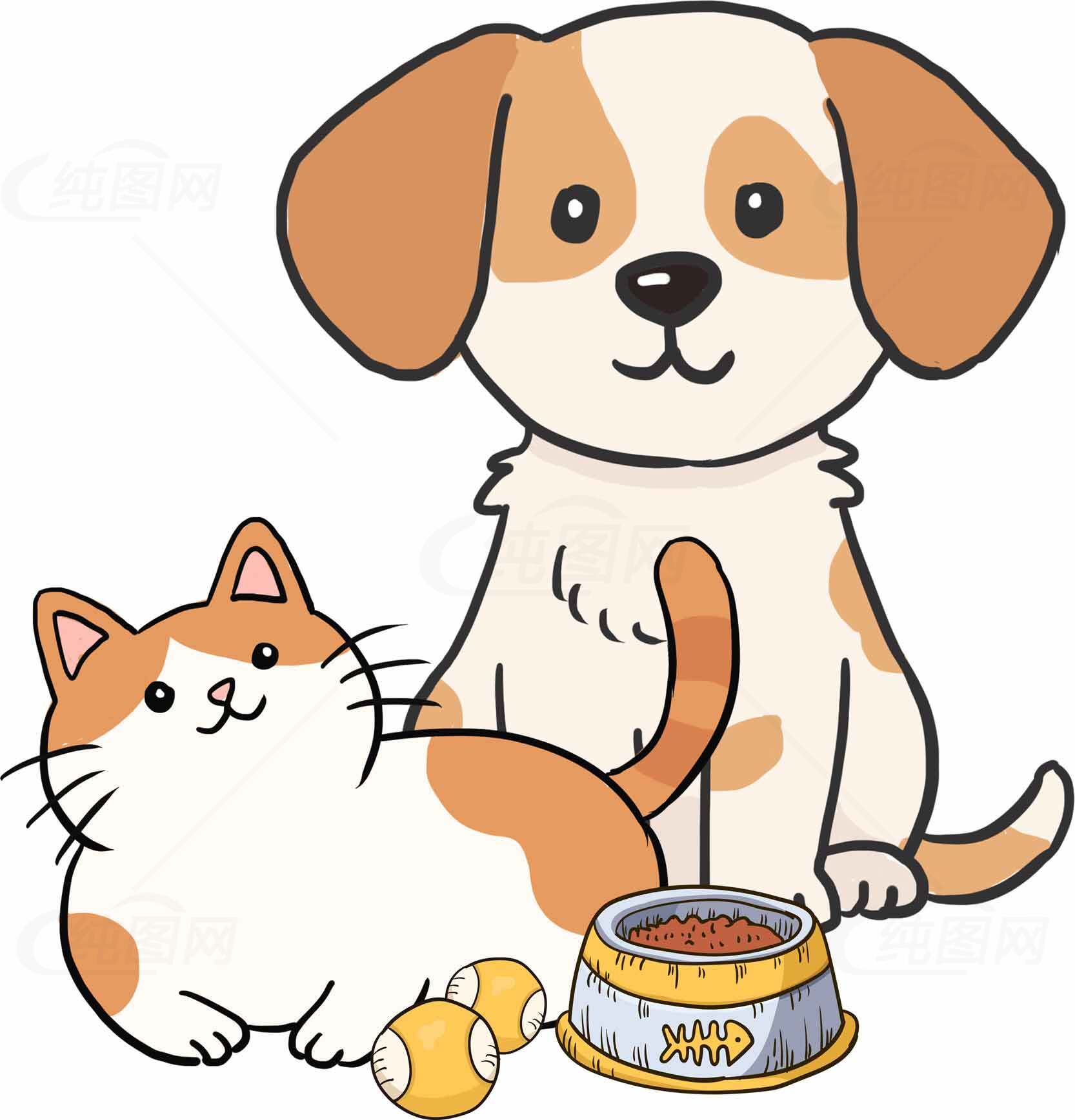 可爱宠物狗和猫插画：温馨动物伙伴素材