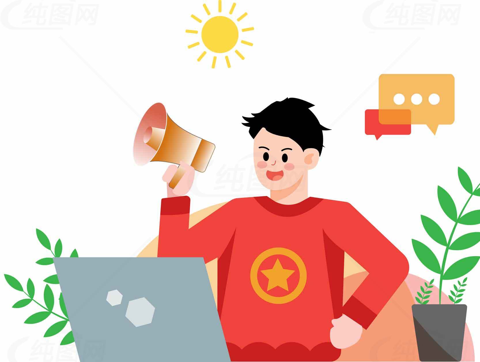 社交媒体营销插画设计：红色主题与创意传播素材