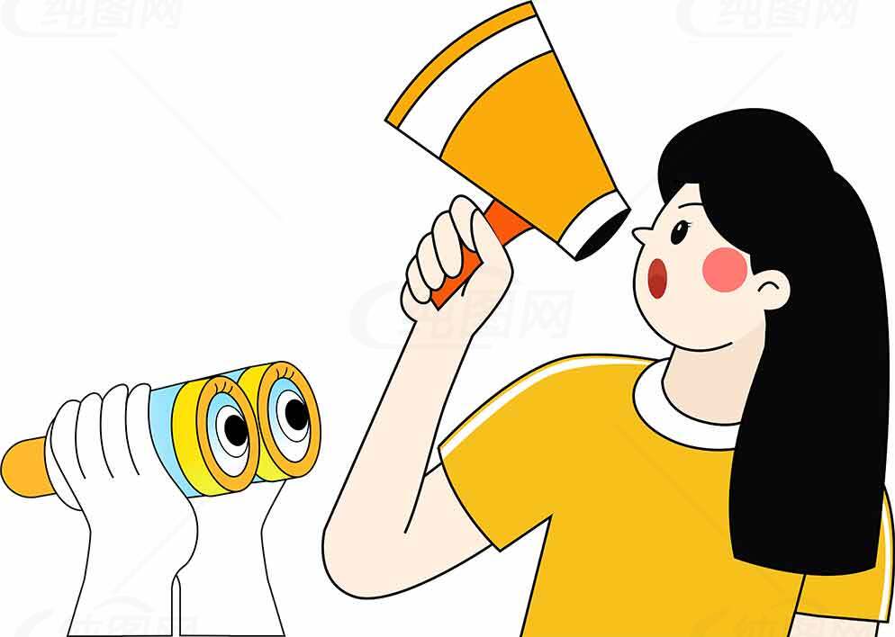 卡通风格女性使用扩音器与望远镜互动插画素材