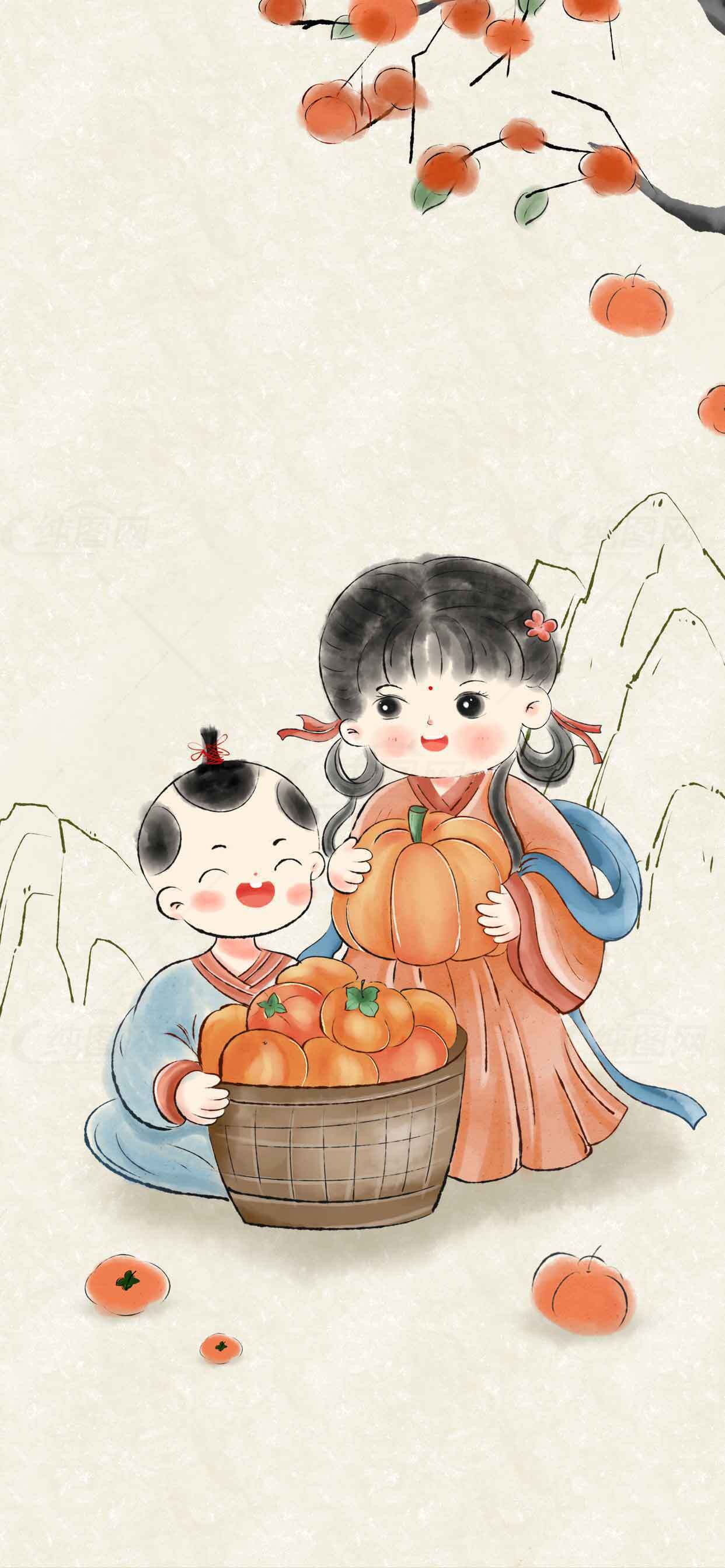 秋季丰收插画：童趣与柿子主题素材