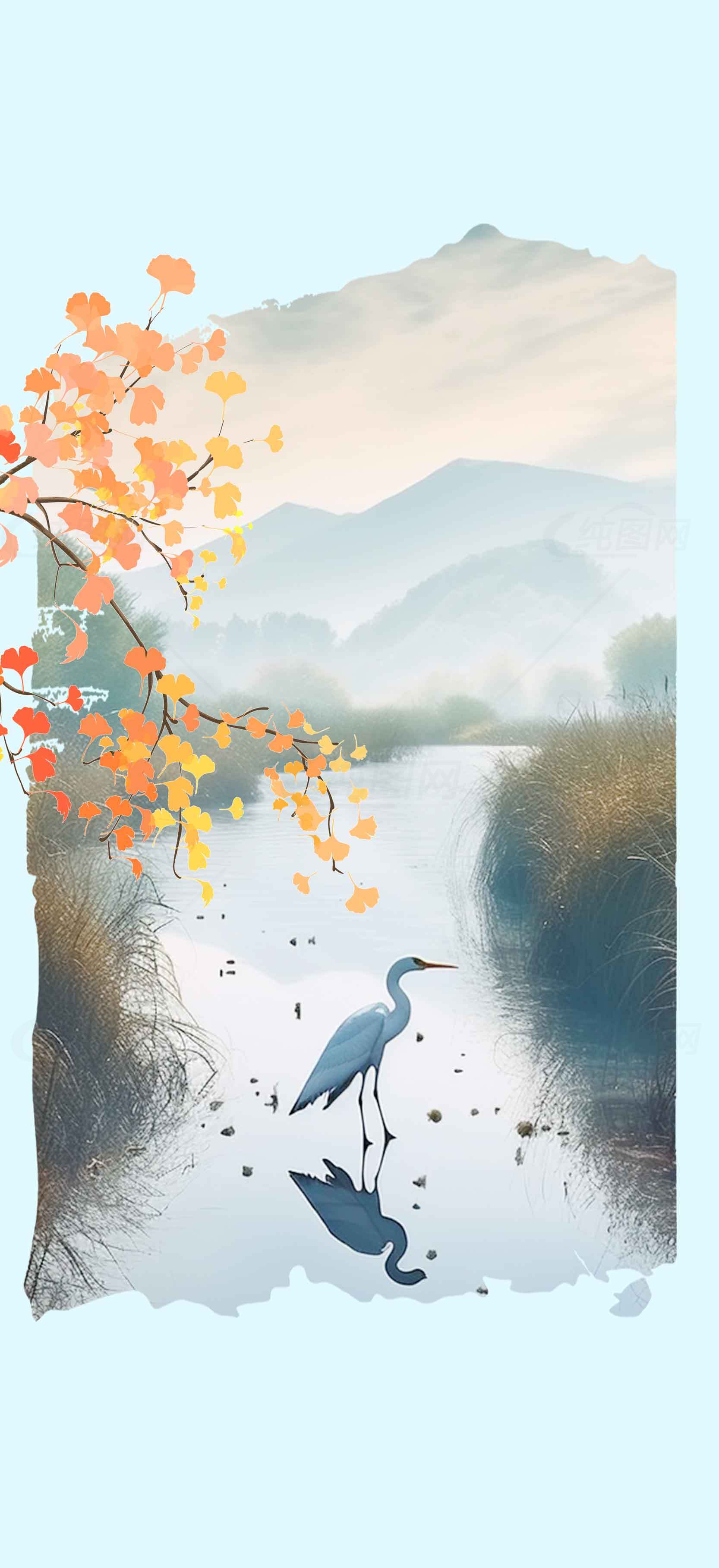 秋日水墨风景：白鹭与倒影的诗意画卷素材