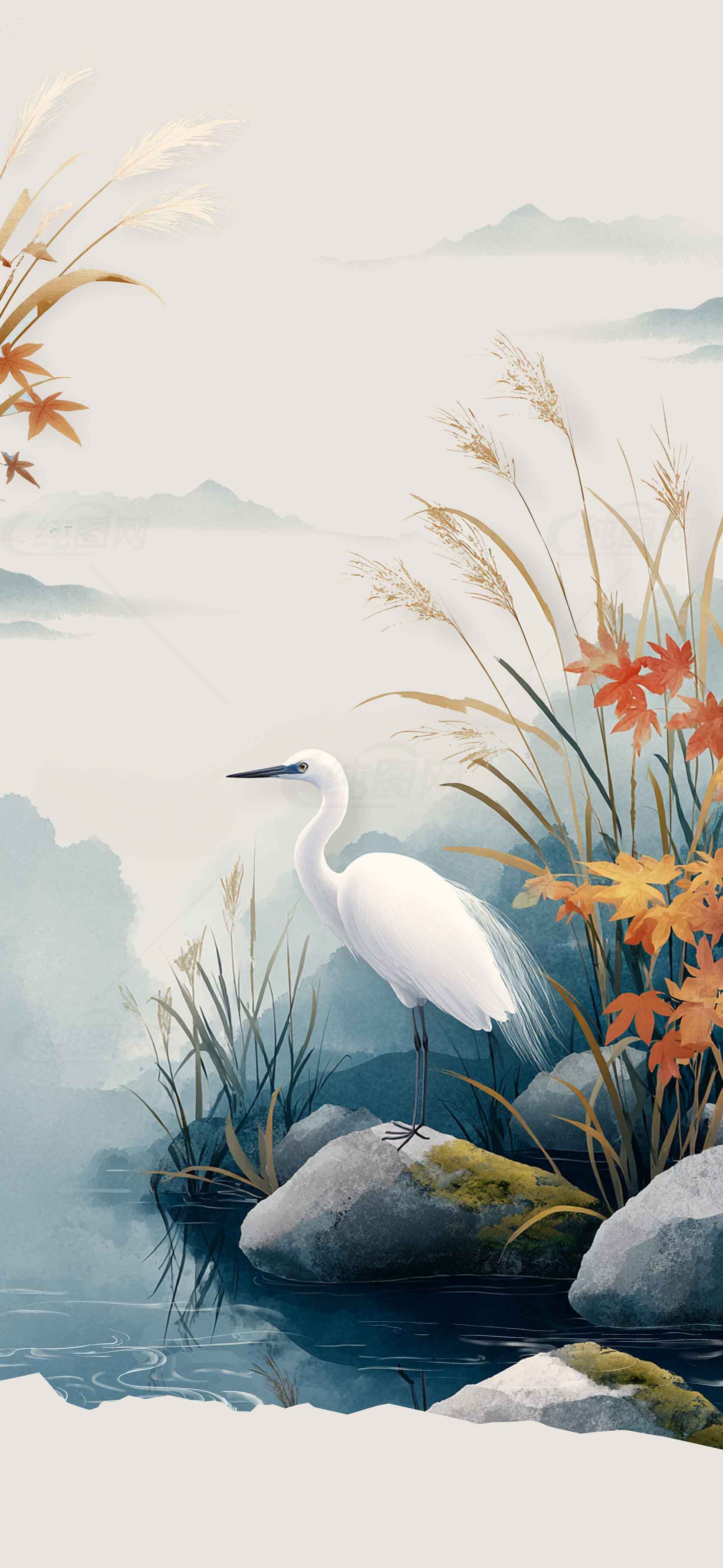 秋日湖畔白鹭水墨画风景壁纸素材