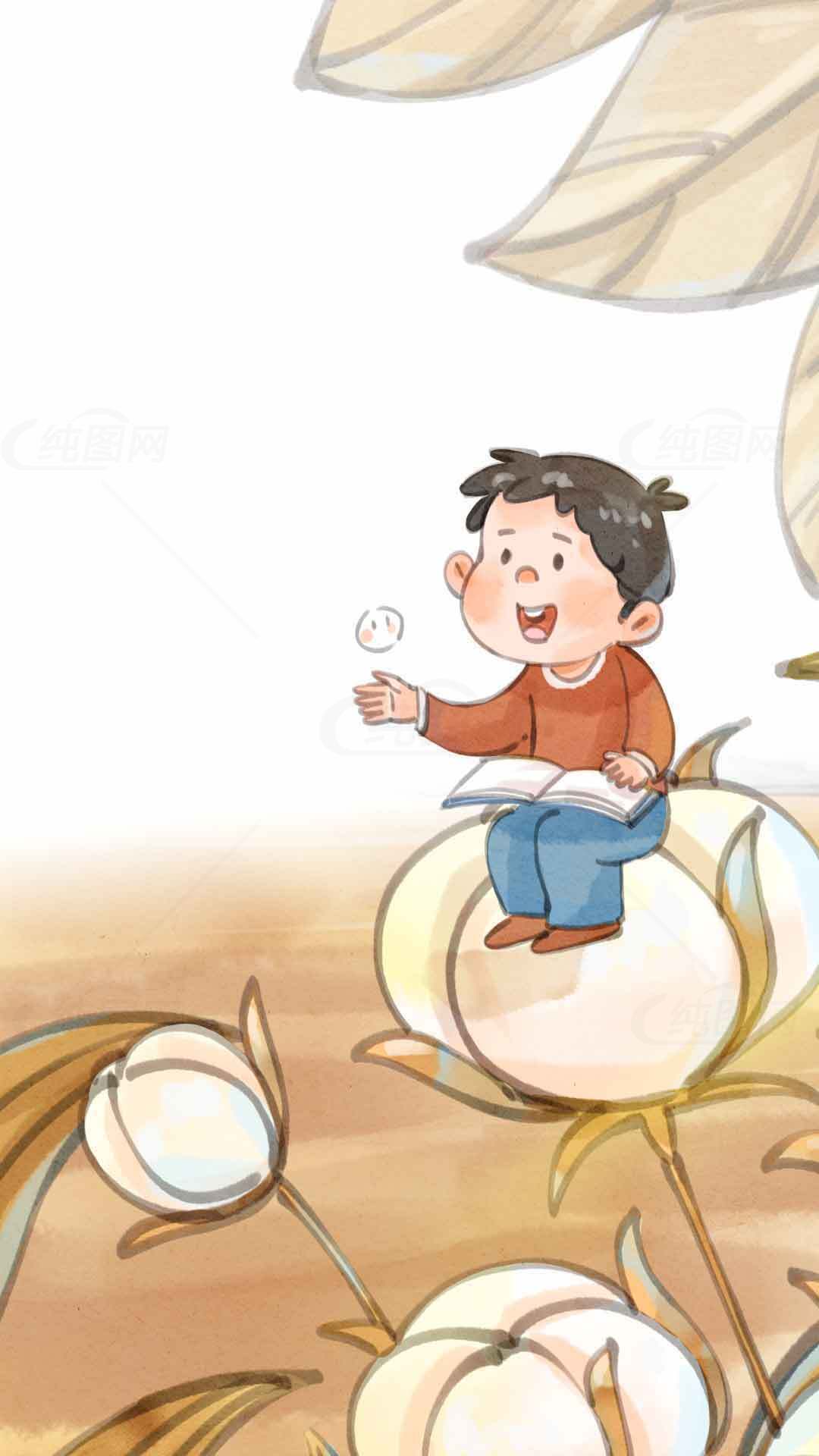 童趣插画：棉花田里的小男孩素材