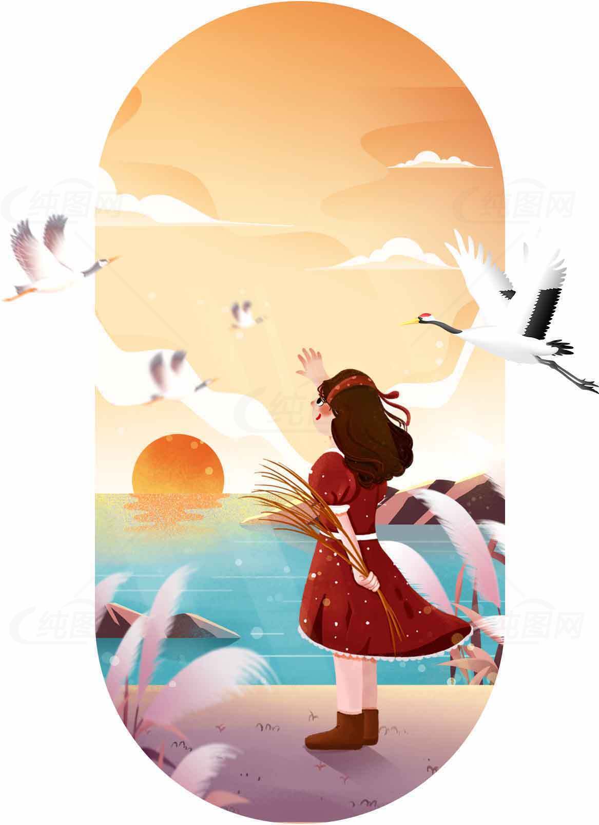 夕阳下的田园少女与飞鸟唯美插画素材