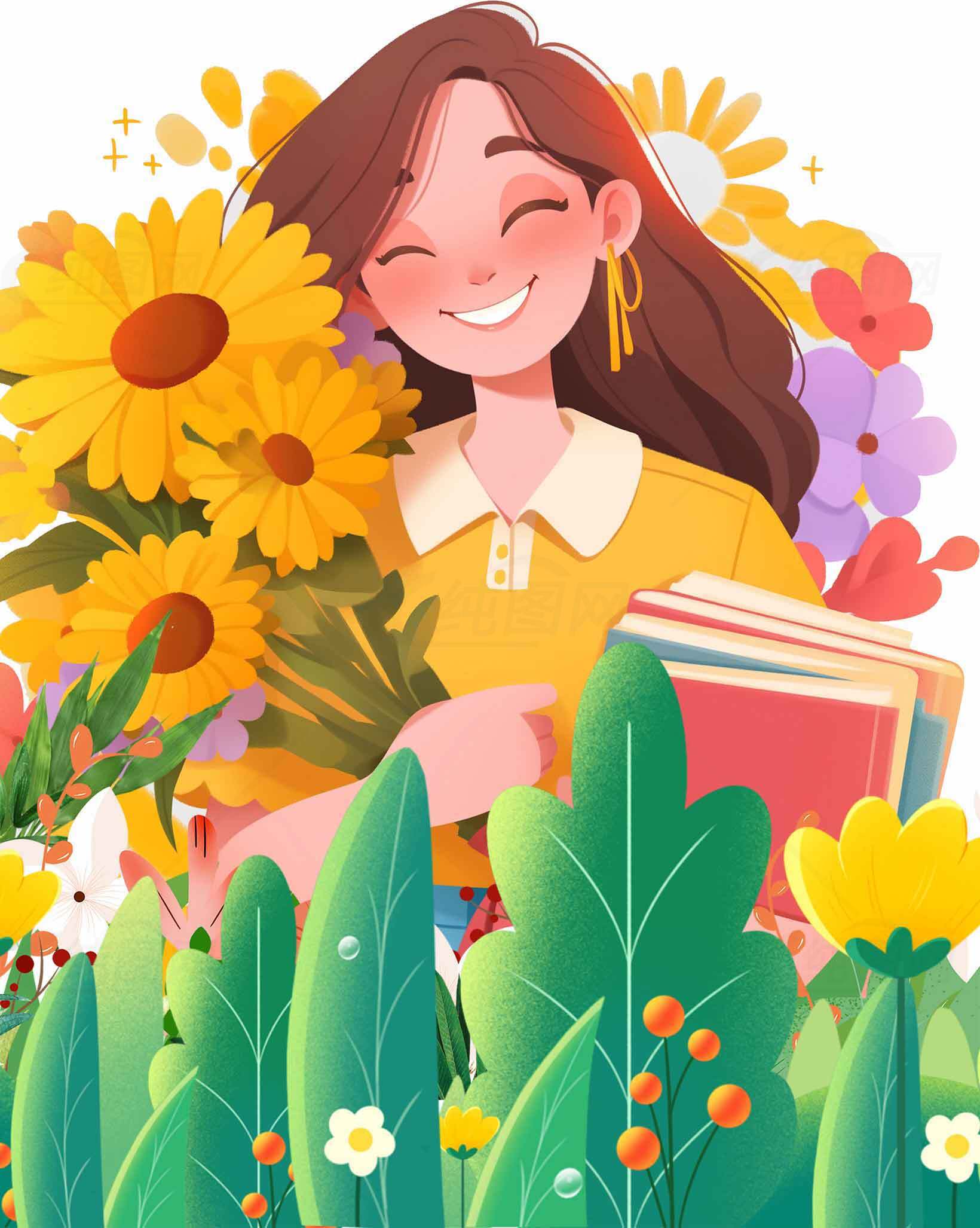 阳光女孩与向日葵的清新插画素材