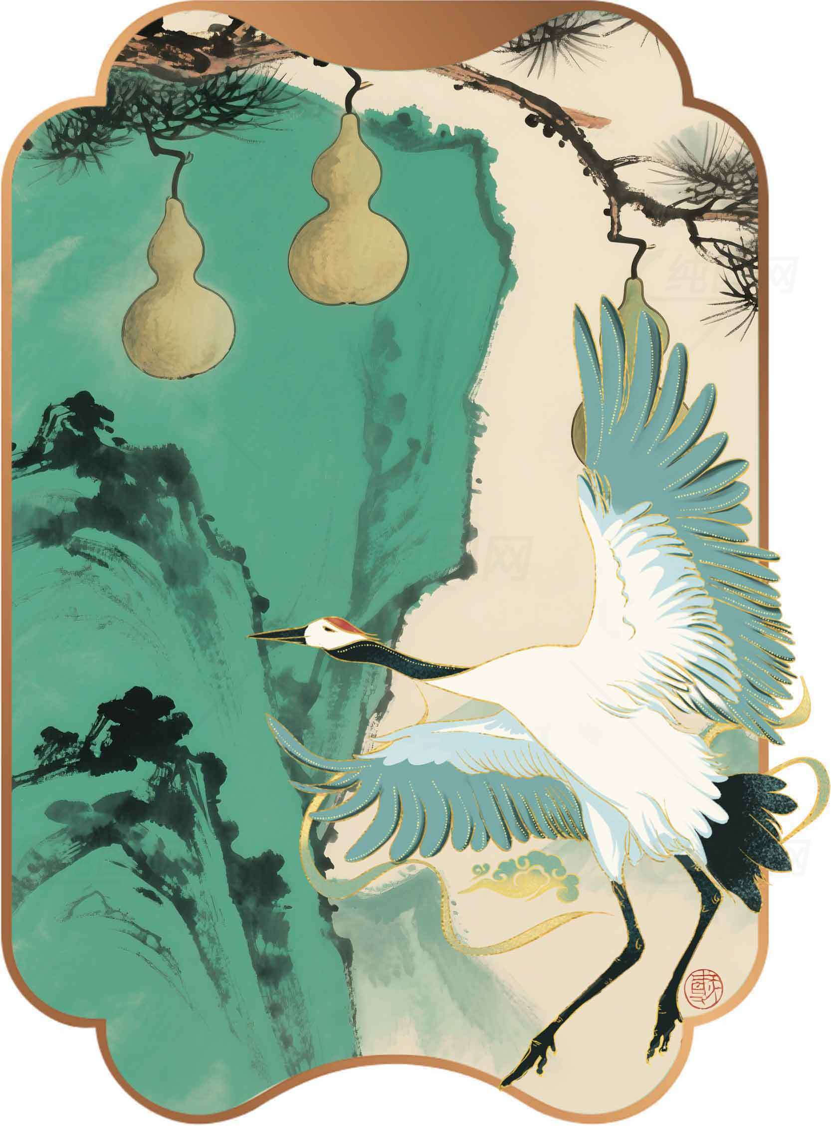 中国传统水墨画仙鹤与葫芦意境图素材