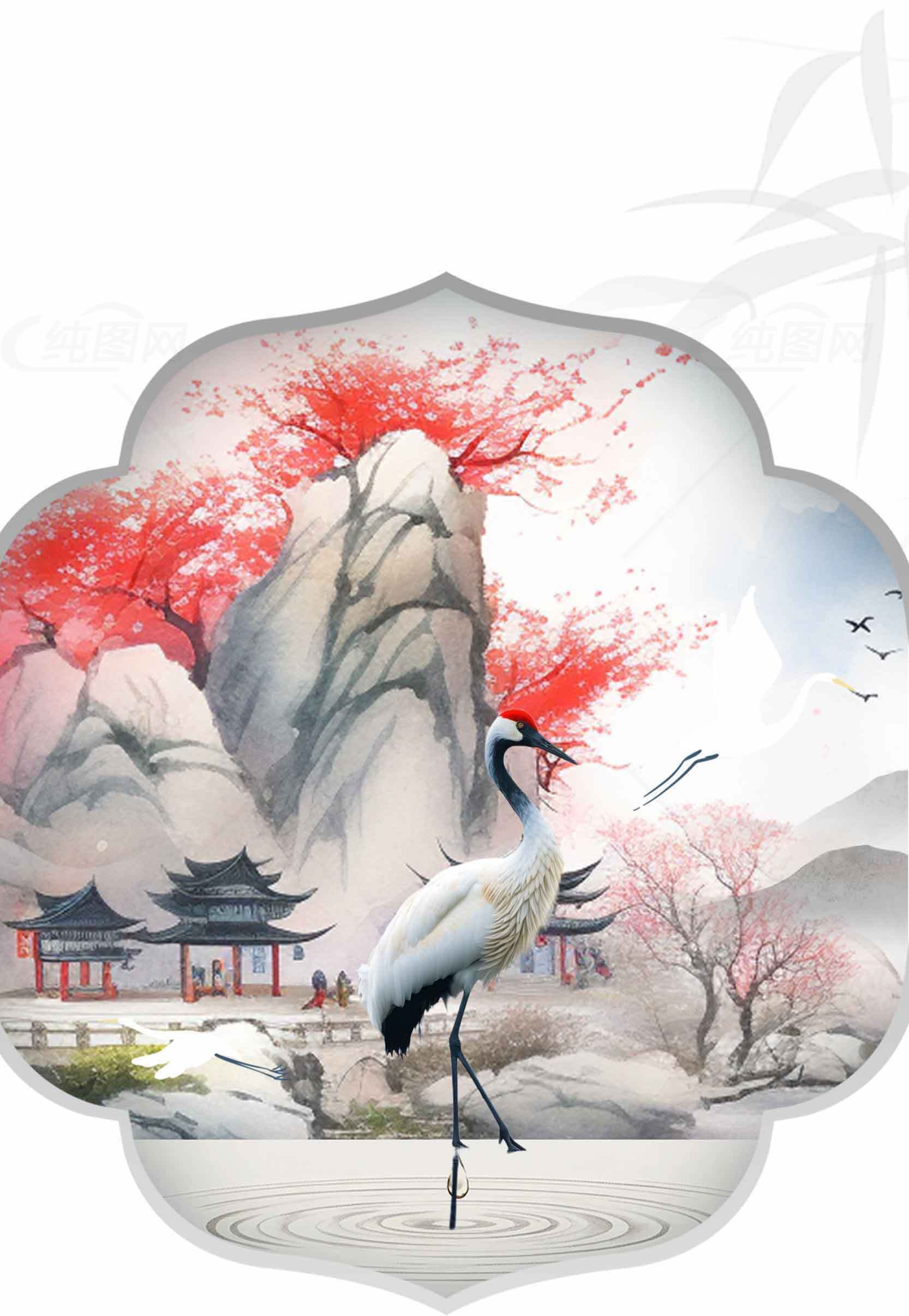 国风山水丹顶鹤意境插画素材