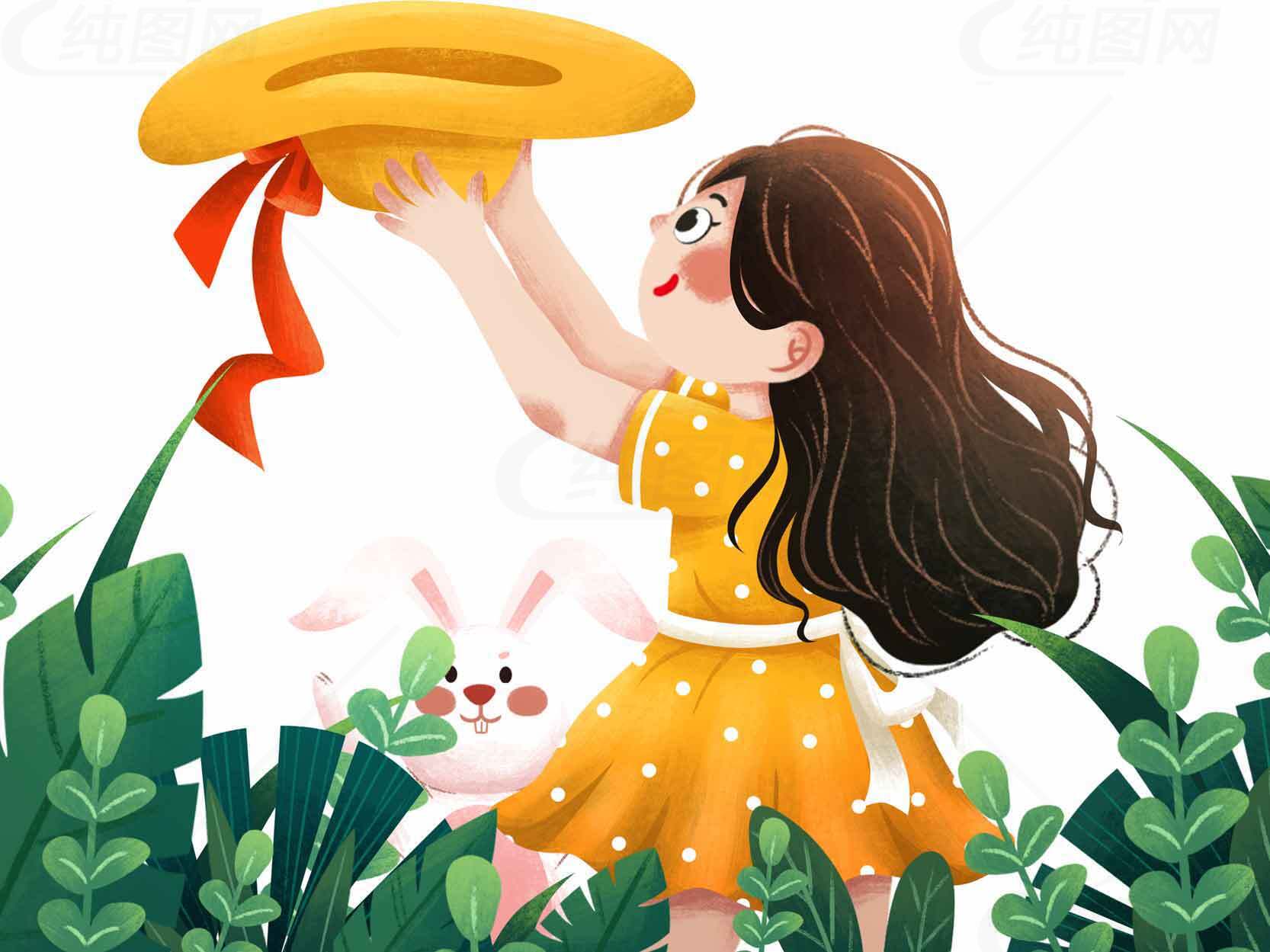 女孩与草地上的童趣时光插画素材