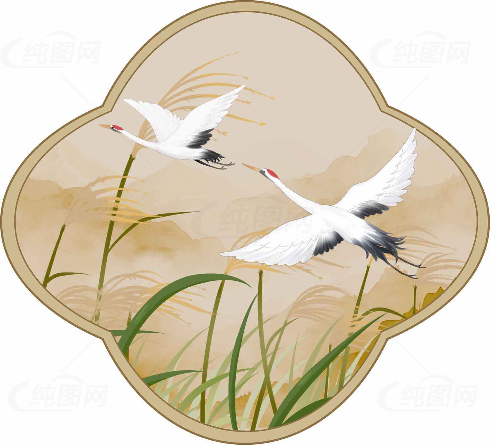 中国传统水墨丹顶鹤图案装饰素材