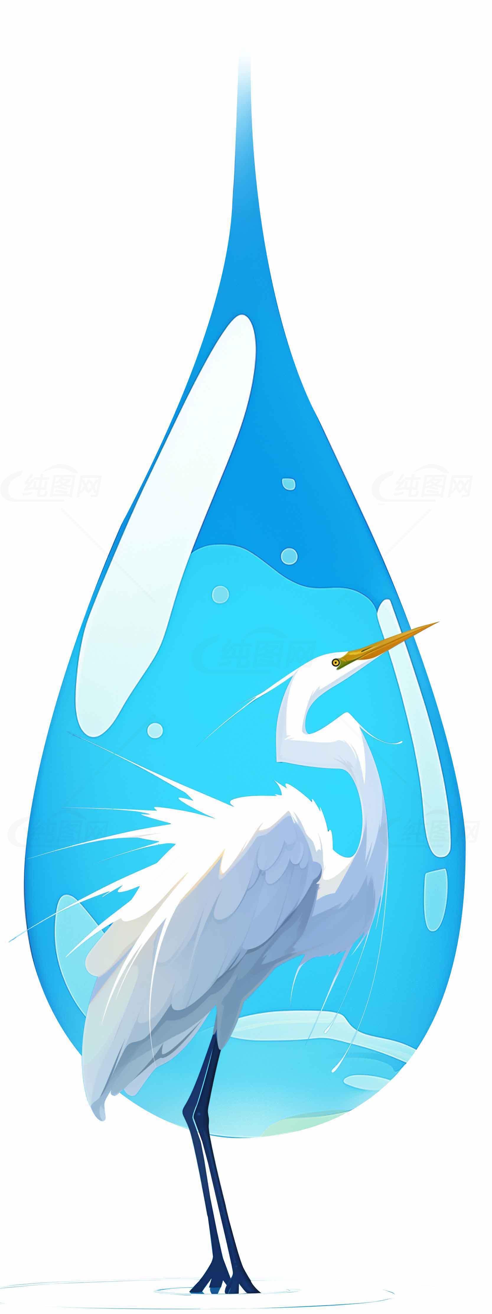 白鹭与水滴插画设计素材